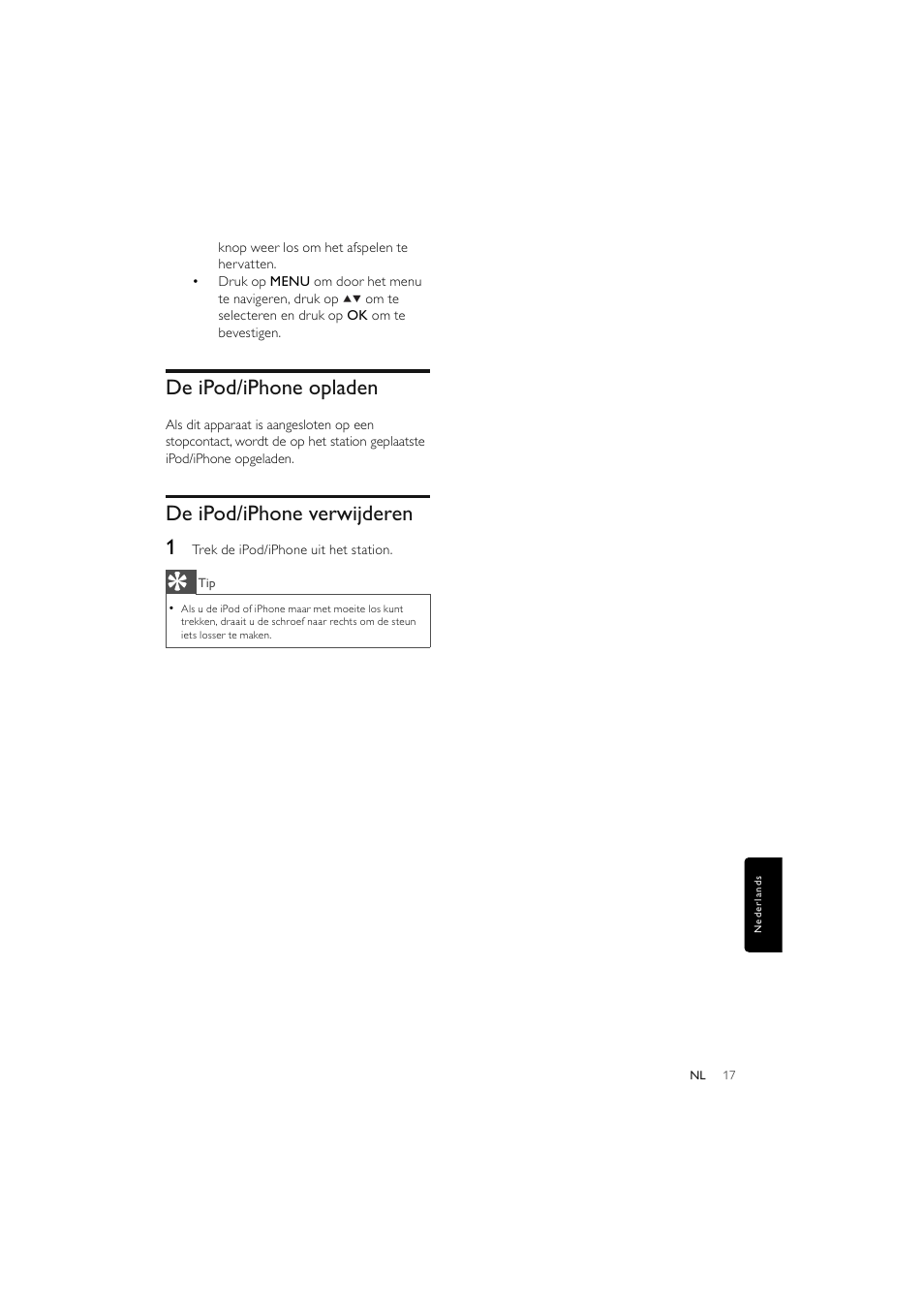 De ipod/iphone opladen, De ipod/iphone verwijderen 1 | Philips Elegante microcadena User Manual | Page 161 / 192