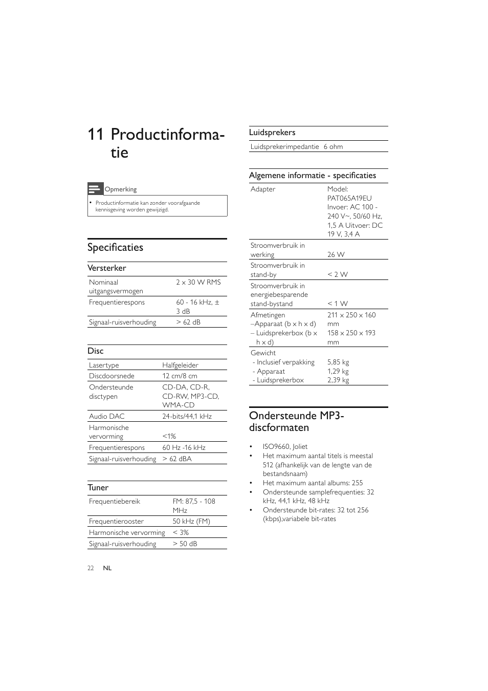 11 productinforma- tie, Speciﬁ caties, Ondersteunde mp3- discformaten | Philips Elegante microcadena User Manual | Page 166 / 192