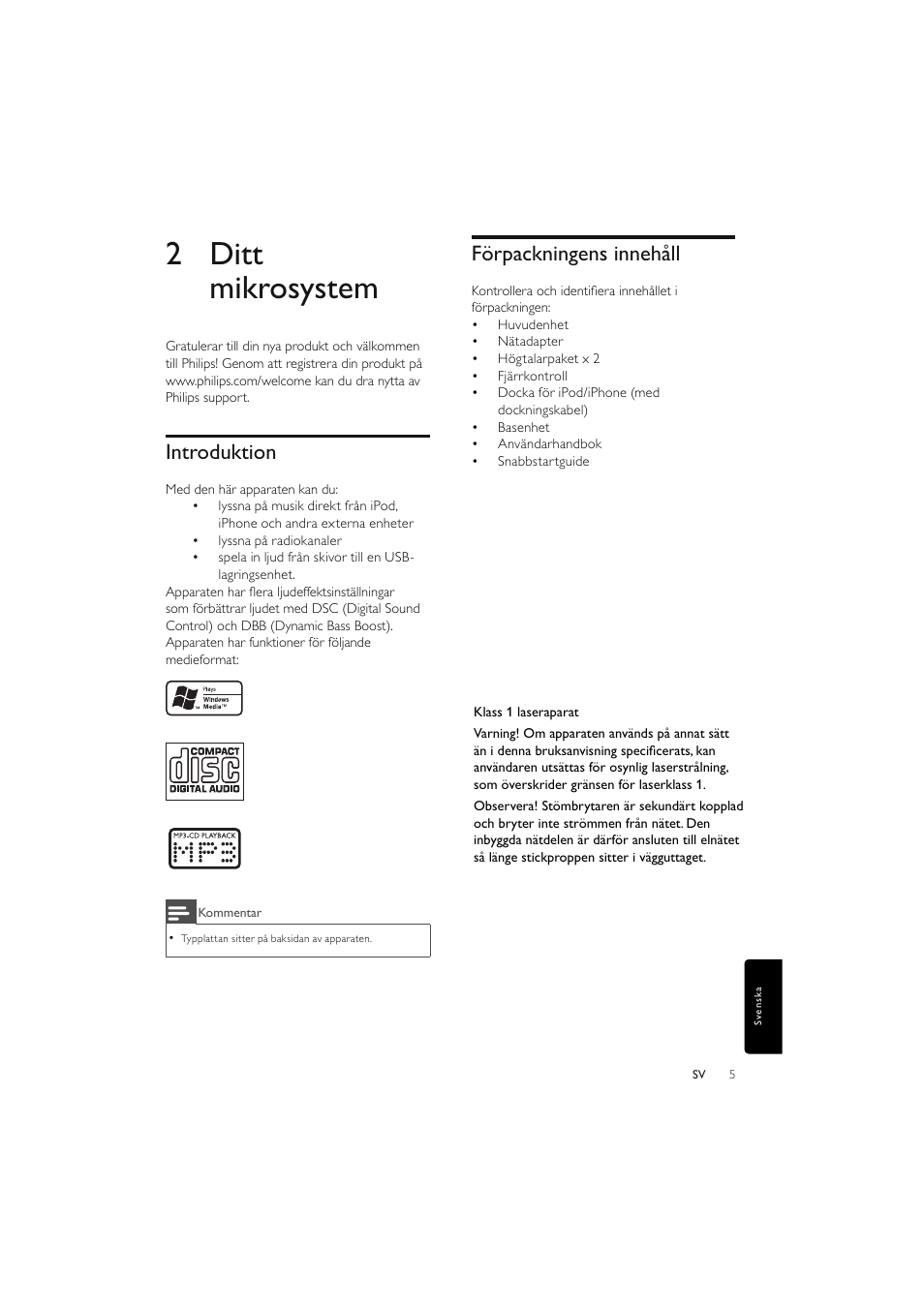 2 ditt mikrosystem, Introduktion, Förpackningens innehåll | Philips Elegante microcadena User Manual | Page 173 / 192