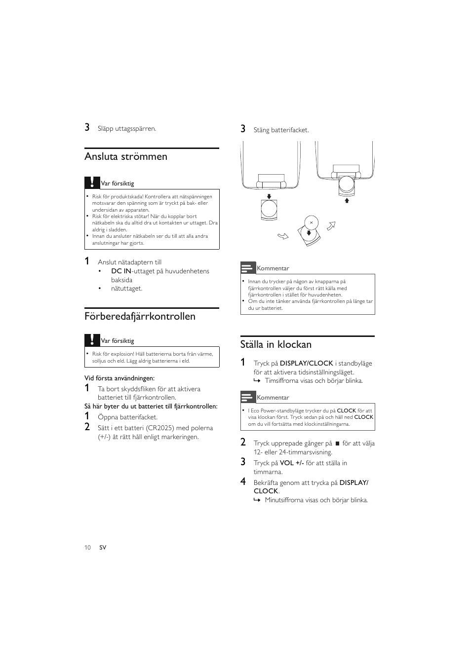 Ansluta strömmen, Förberedafjärrkontrollen, Ställa in klockan 1 | Philips Elegante microcadena User Manual | Page 178 / 192