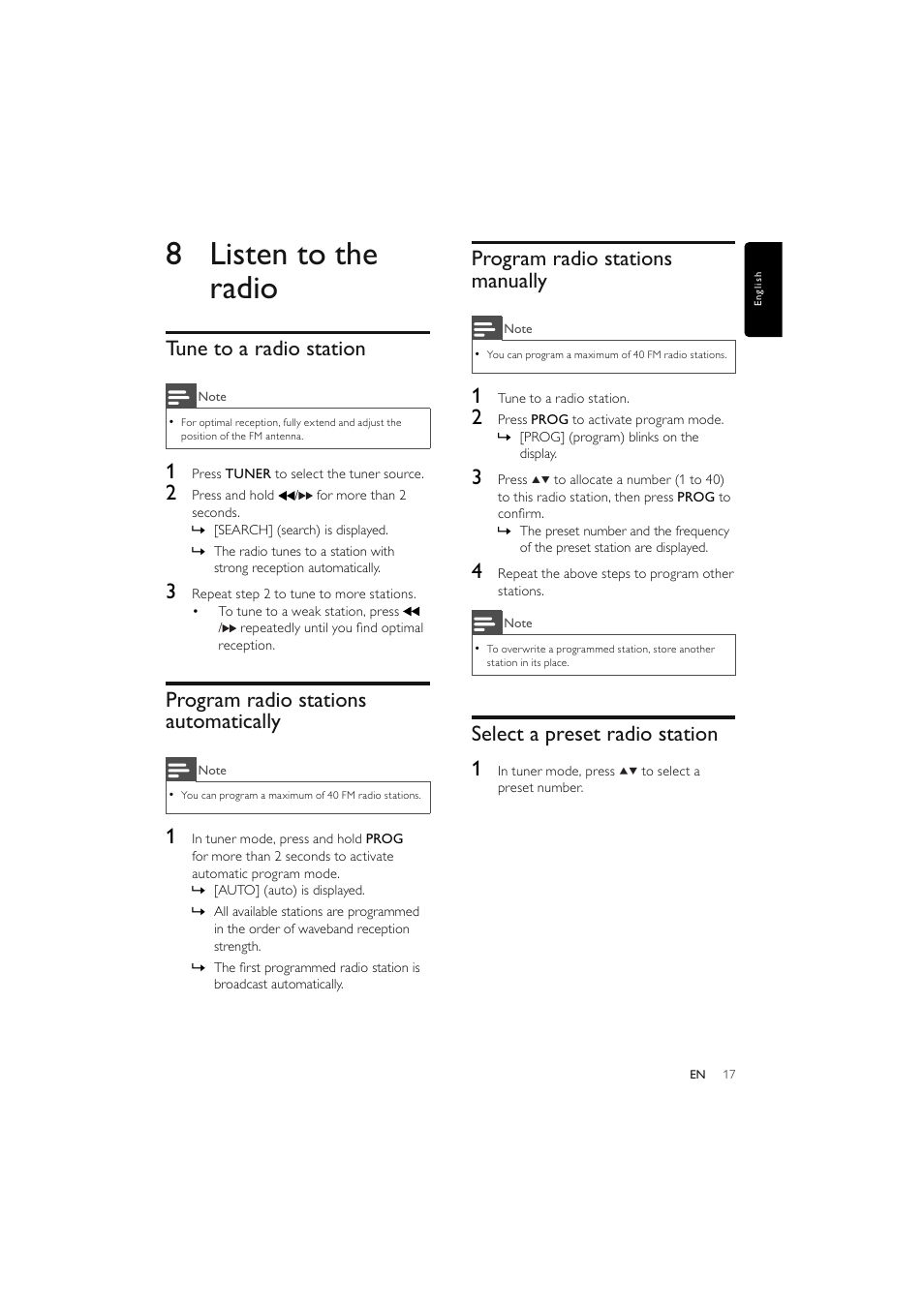 8 listen to the radio, Tune to a radio station, Program radio stations automatically | Program radio stations manually, Select a preset radio station 1 | Philips Elegante microcadena User Manual | Page 18 / 192