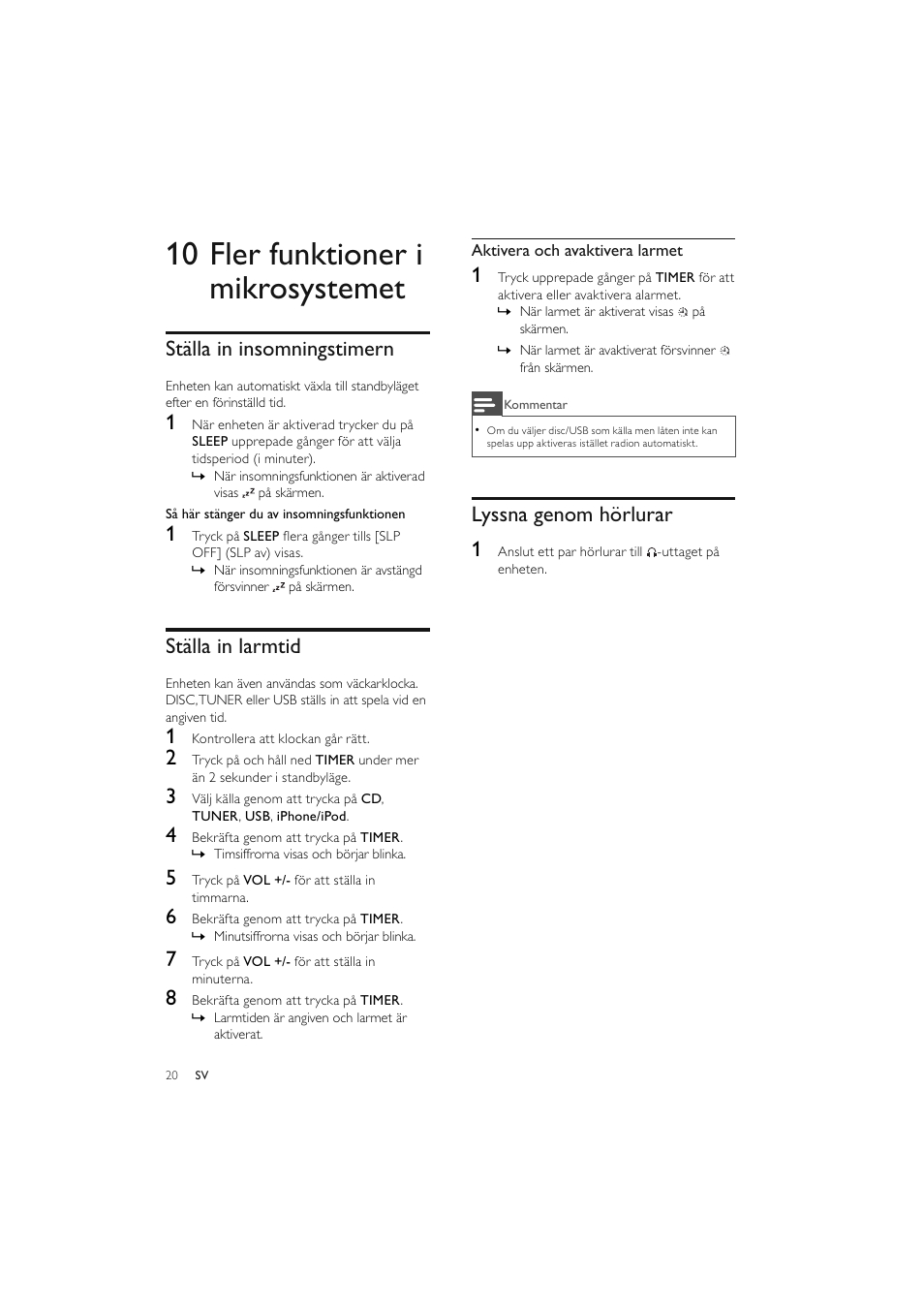 10 fler funktioner i mikrosystemet, Ställa in insomningstimern, Ställa in larmtid | Lyssna genom hörlurar 1 | Philips Elegante microcadena User Manual | Page 188 / 192