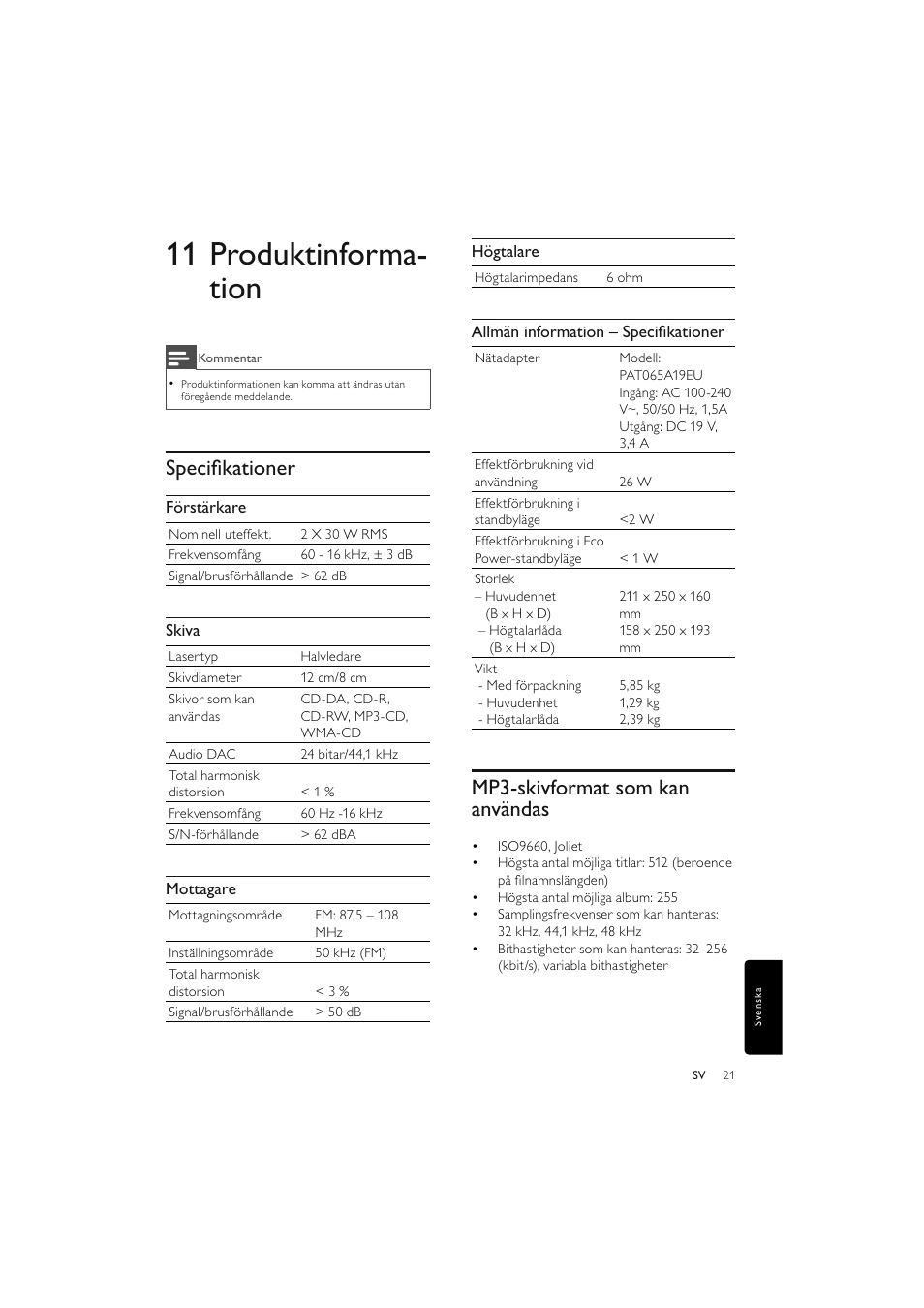 11 produktinforma- tion, Mp3-skivformat som kan användas, Speciﬁ kationer | Philips Elegante microcadena User Manual | Page 189 / 192