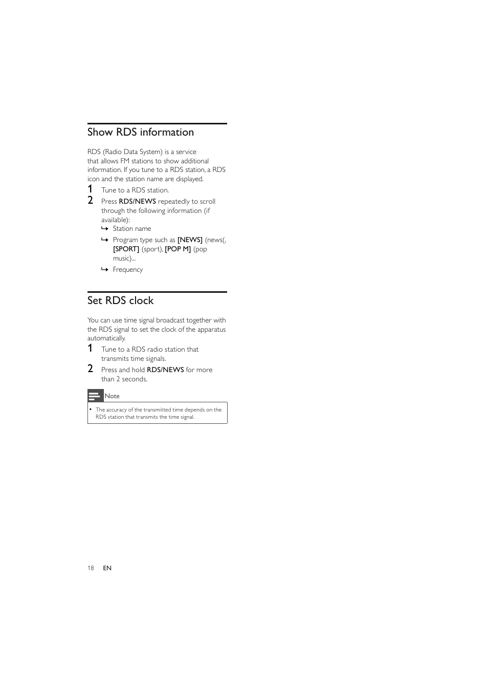 Show rds information, Set rds clock | Philips Elegante microcadena User Manual | Page 19 / 192
