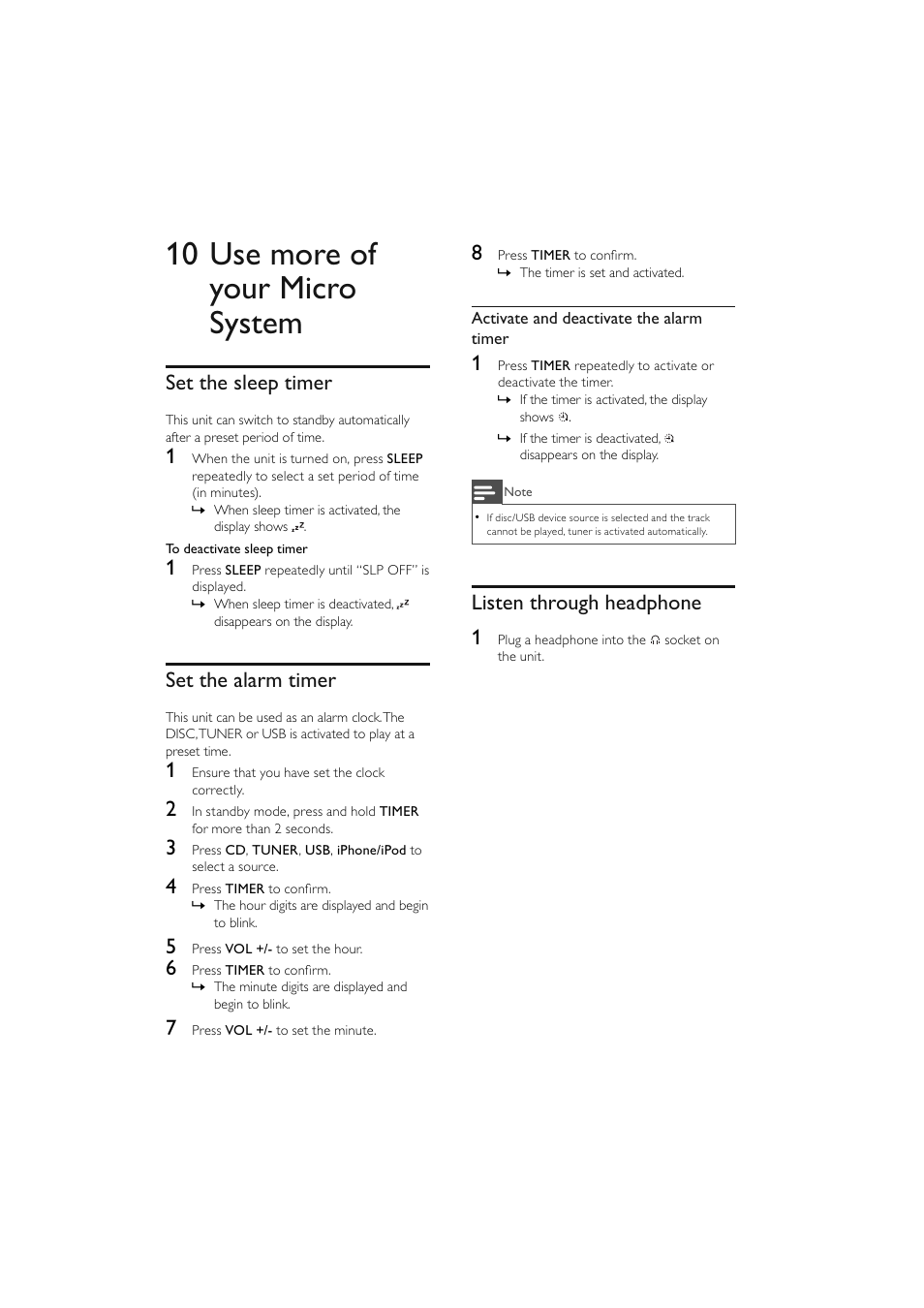 10 use more of your micro system, Listen through headphone 1, Set the sleep timer | Set the alarm timer | Philips Elegante microcadena User Manual | Page 21 / 192