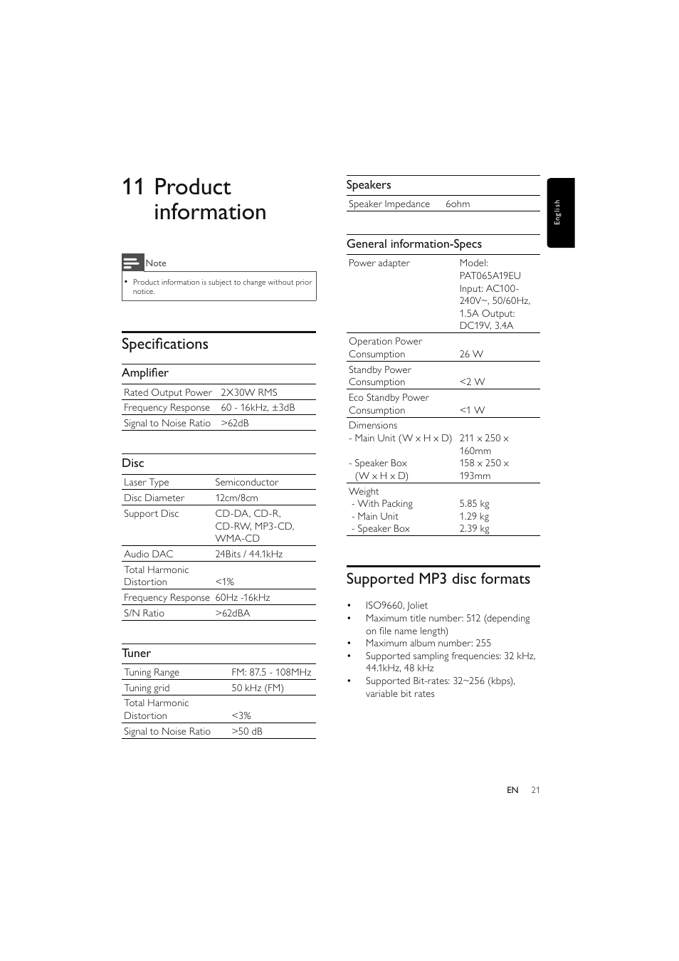 11 product information, Supported mp3 disc formats, Speciﬁ cations | Philips Elegante microcadena User Manual | Page 22 / 192