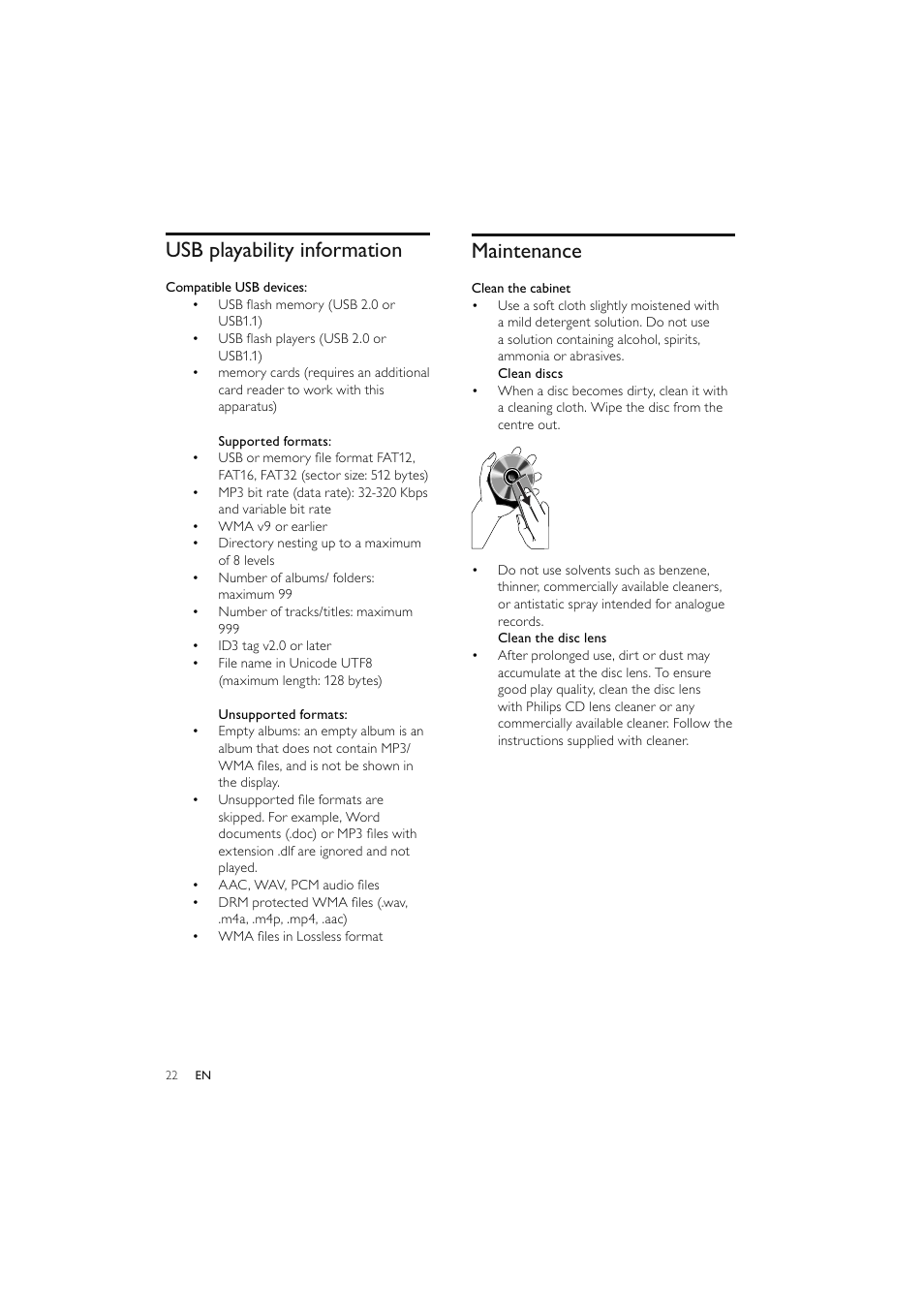 Maintenance, Usb playability information | Philips Elegante microcadena User Manual | Page 23 / 192