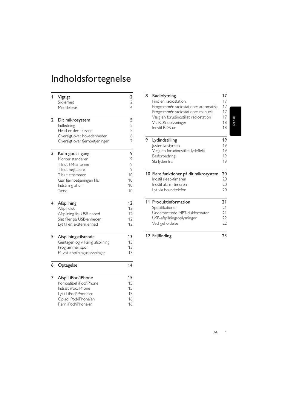 Indholdsfortegnelse | Philips Elegante microcadena User Manual | Page 25 / 192