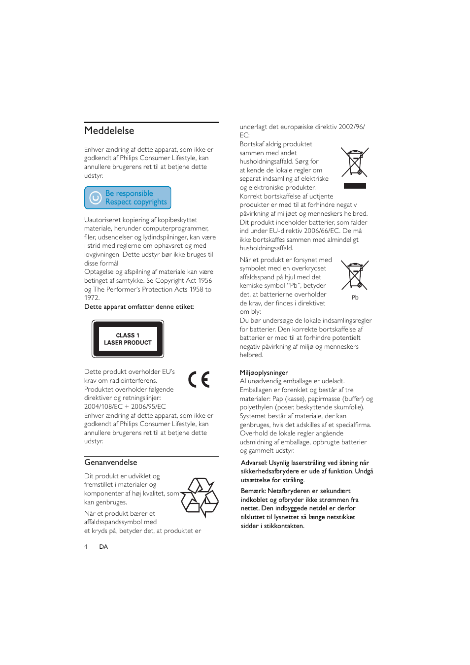 Meddelelse | Philips Elegante microcadena User Manual | Page 28 / 192