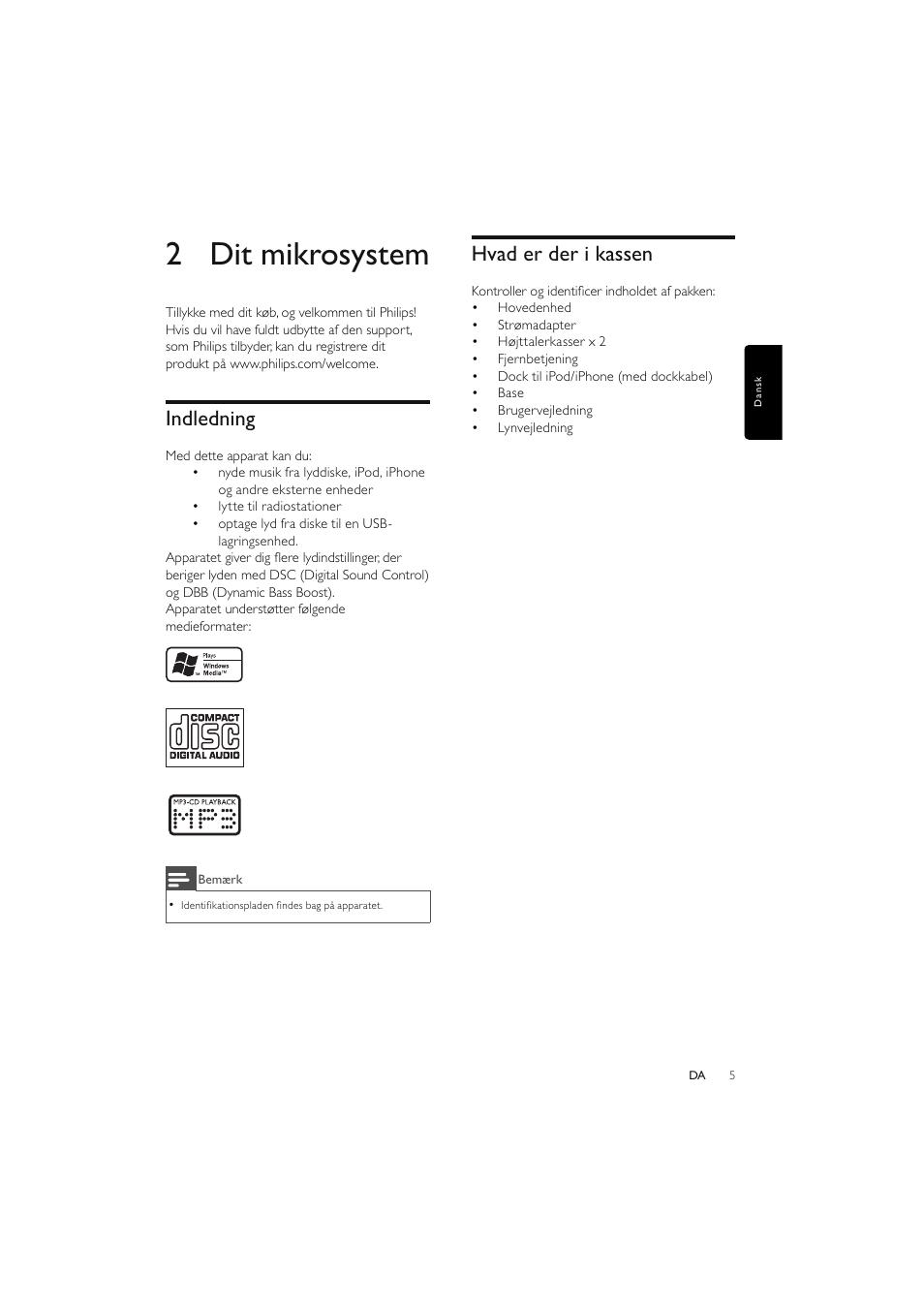 2 dit mikrosystem, Indledning, Hvad er der i kassen | Philips Elegante microcadena User Manual | Page 29 / 192