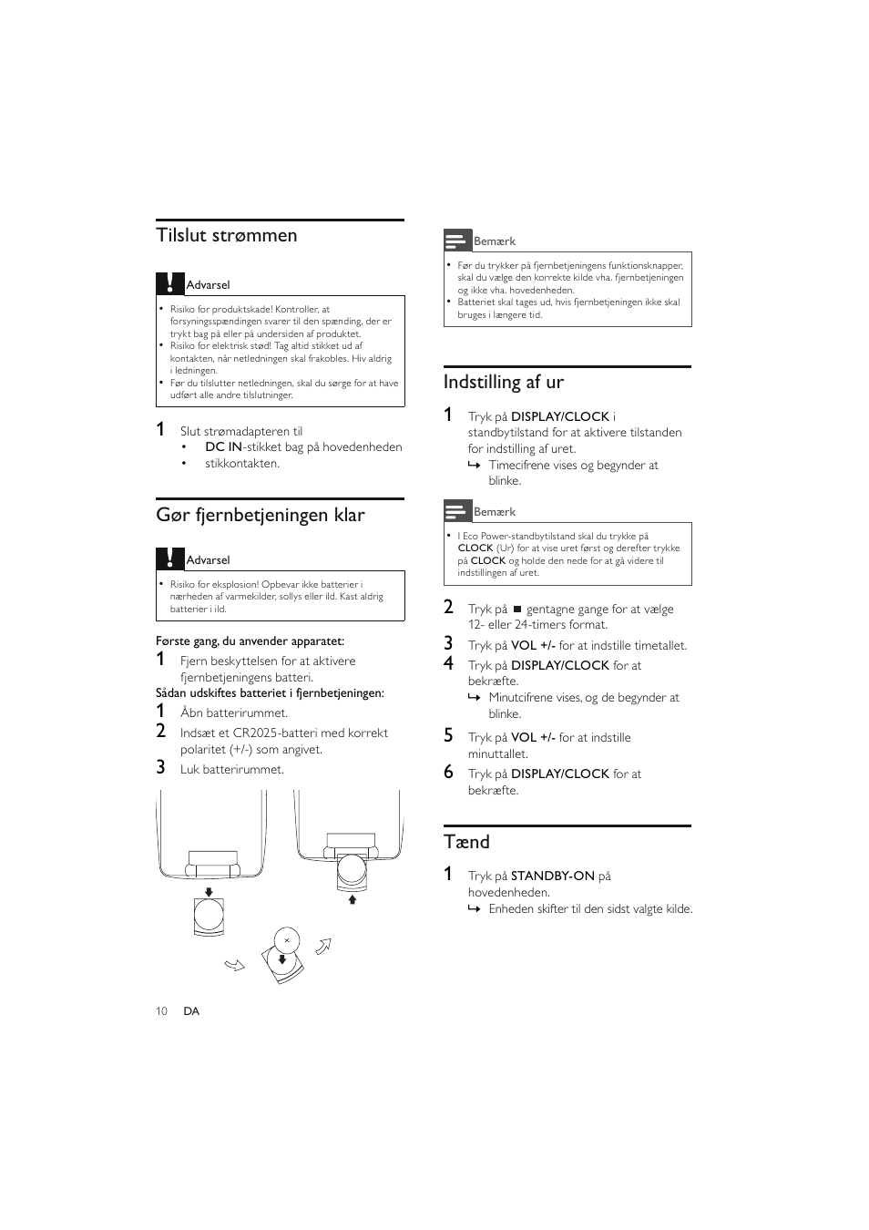 Tilslut strømmen, Gør fjernbetjeningen klar, Indstilling af ur 1 | Tænd 1 | Philips Elegante microcadena User Manual | Page 34 / 192