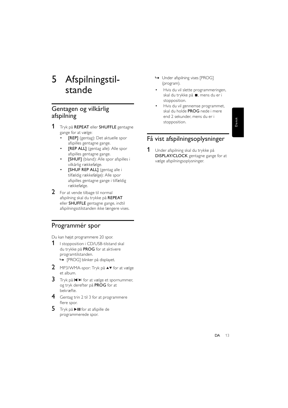 5 afspilningstil- stande, Gentagen og vilkårlig afspilning 1, Programmér spor | Få vist afspilningsoplysninger 1 | Philips Elegante microcadena User Manual | Page 37 / 192