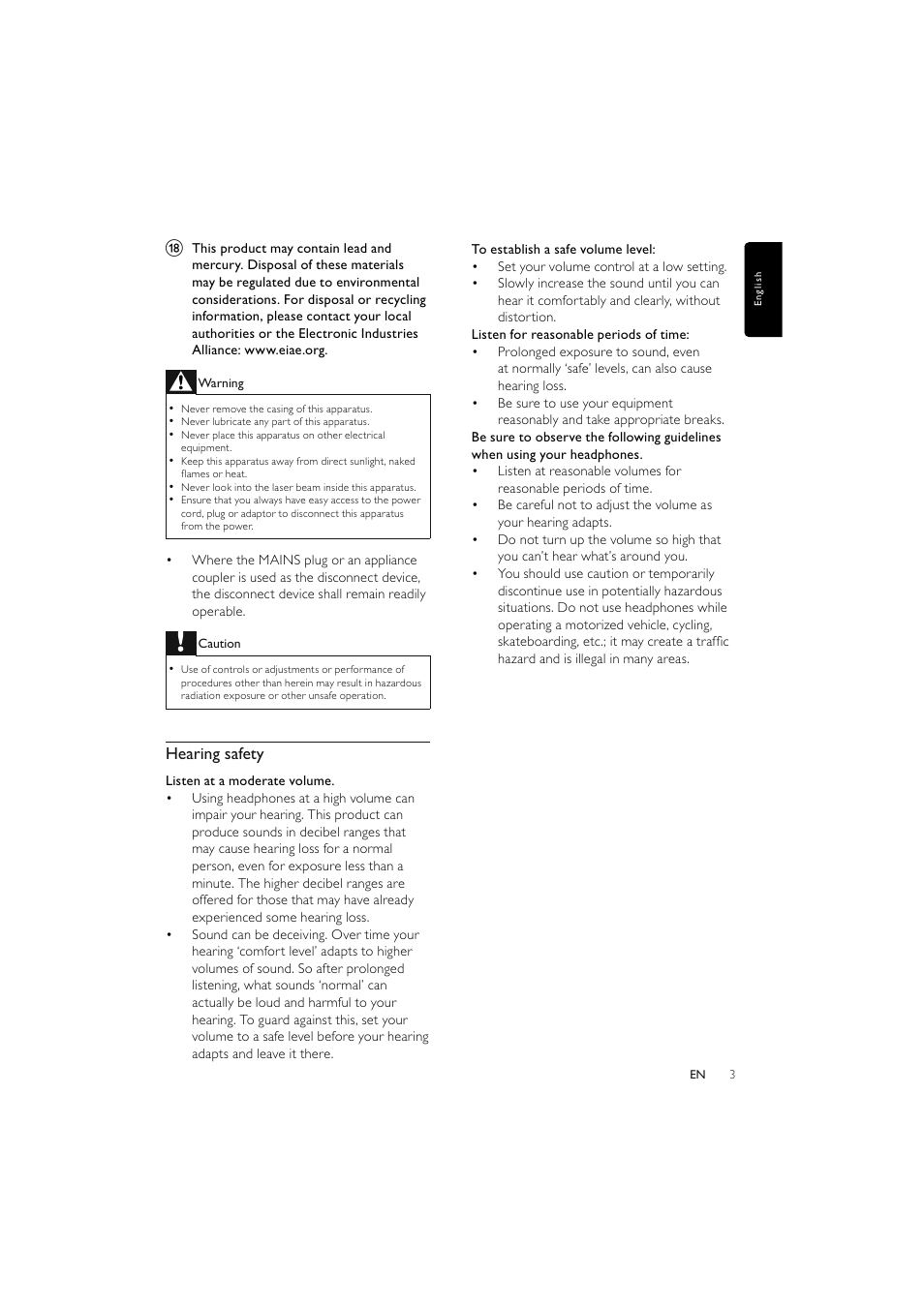 Hearing safety | Philips Elegante microcadena User Manual | Page 4 / 192