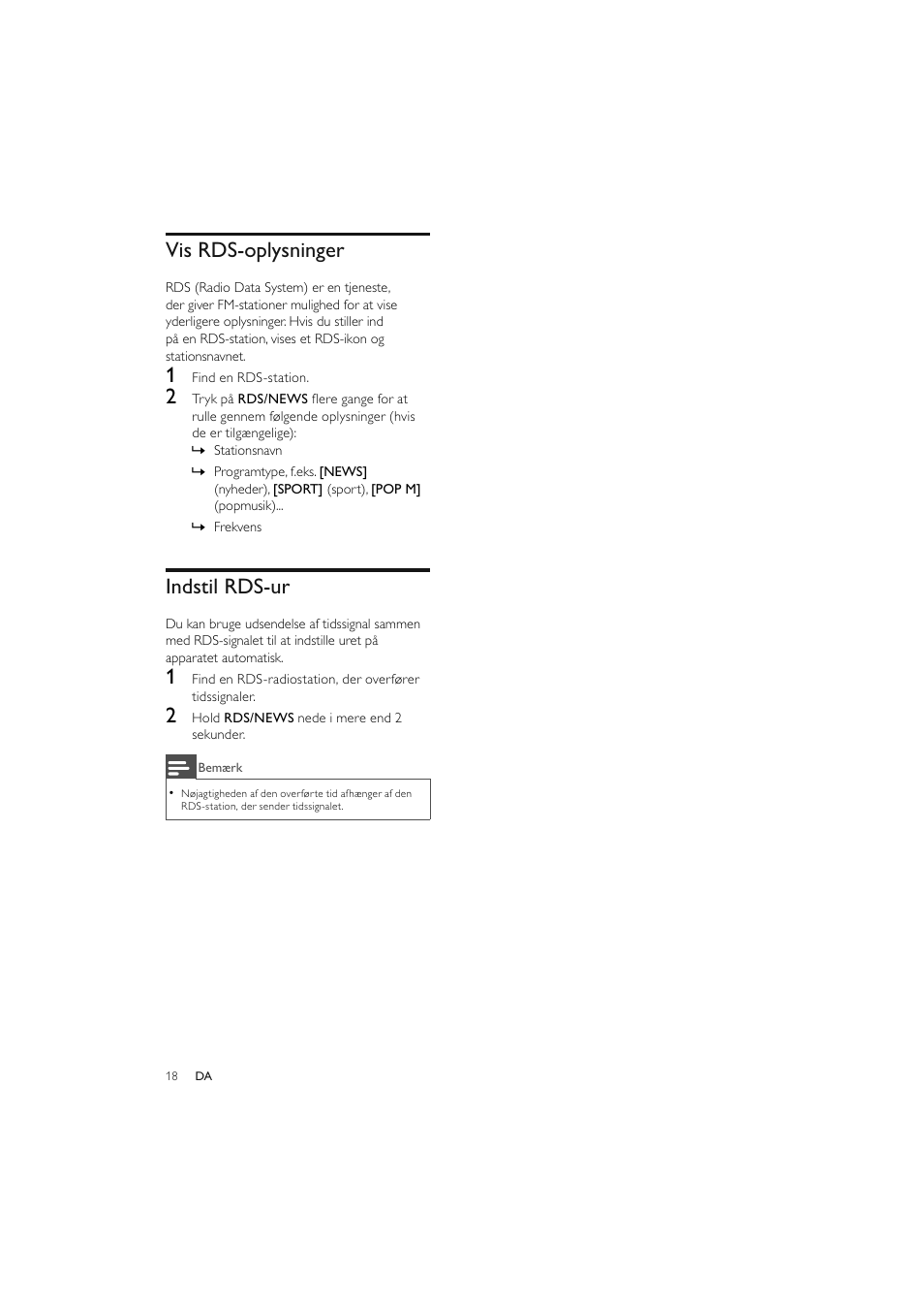 Vis rds-oplysninger, Indstil rds-ur | Philips Elegante microcadena User Manual | Page 42 / 192