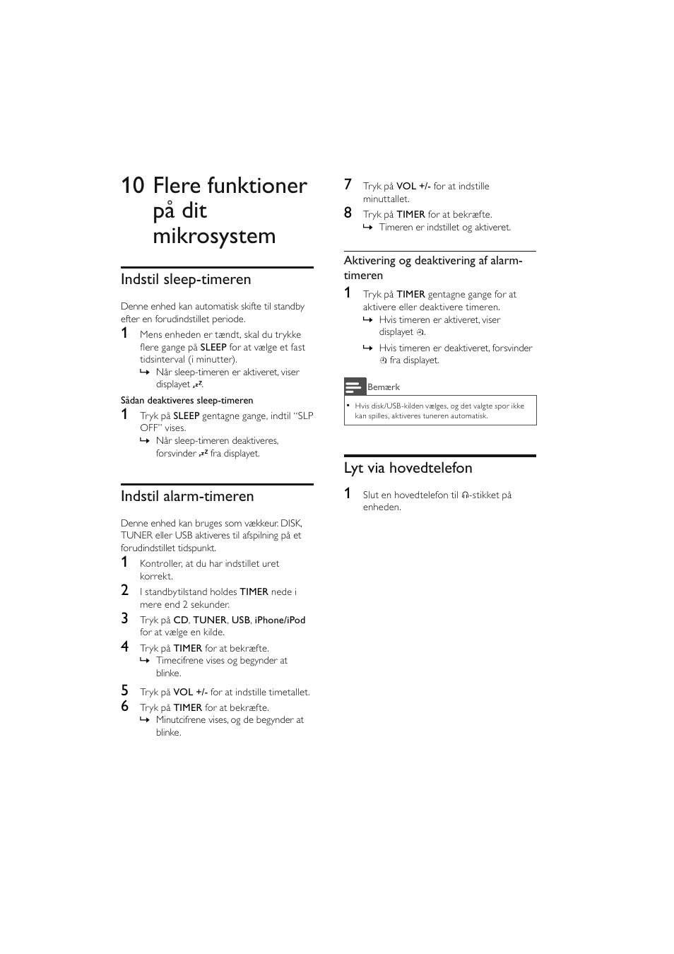 10 flere funktioner på dit mikrosystem, Indstil sleep-timeren, Indstil alarm-timeren | Lyt via hovedtelefon 1 | Philips Elegante microcadena User Manual | Page 44 / 192