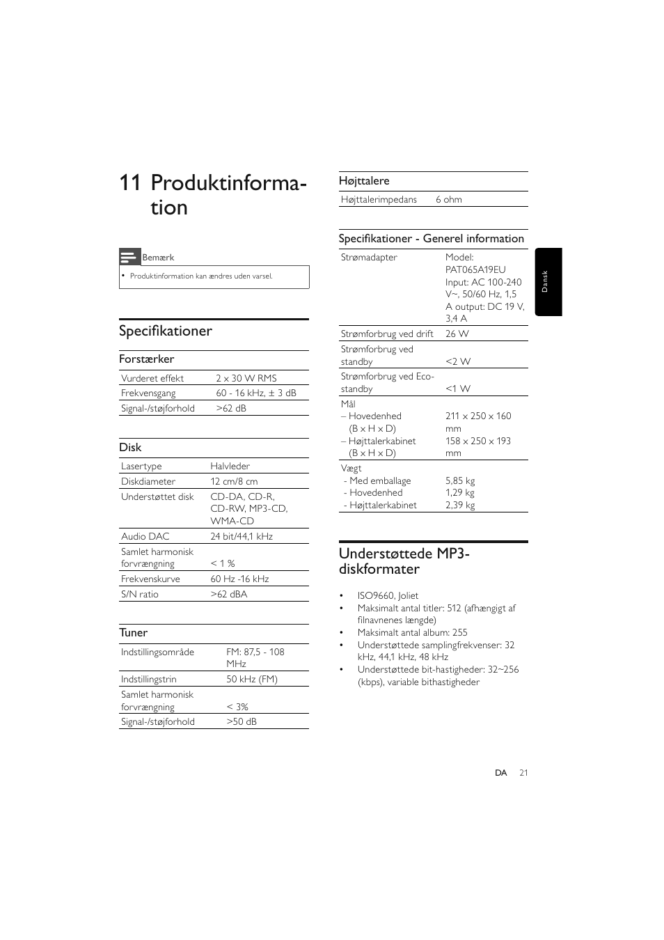 11 produktinforma- tion, Understøttede mp3- diskformater, Speciﬁ kationer | Philips Elegante microcadena User Manual | Page 45 / 192