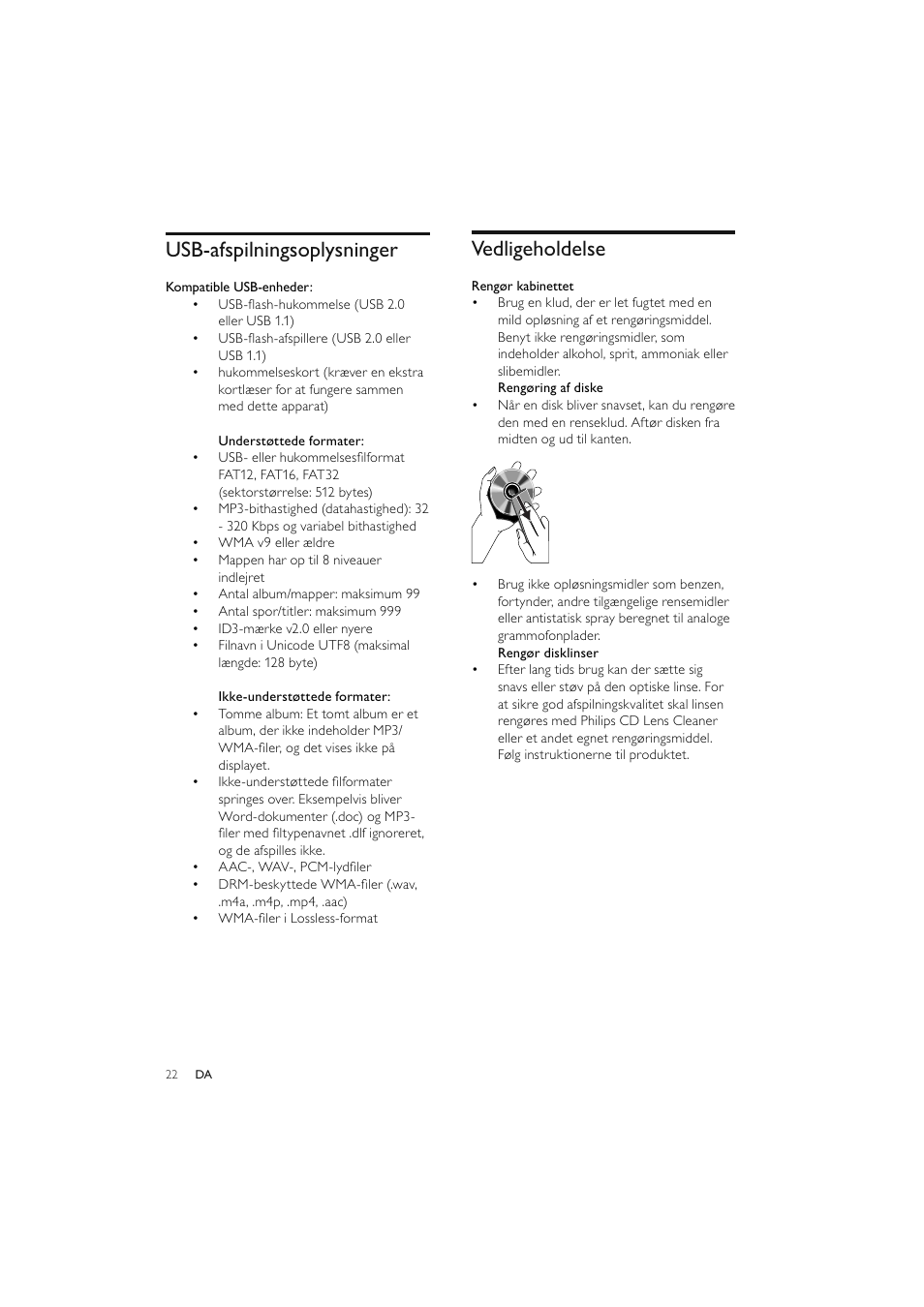 Vedligeholdelse, Usb-afspilningsoplysninger | Philips Elegante microcadena User Manual | Page 46 / 192