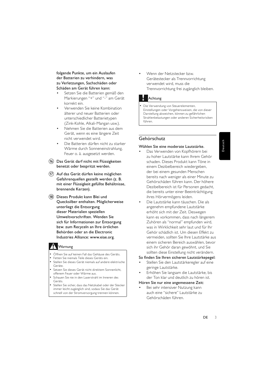 Gehörschutz | Philips Elegante microcadena User Manual | Page 50 / 192