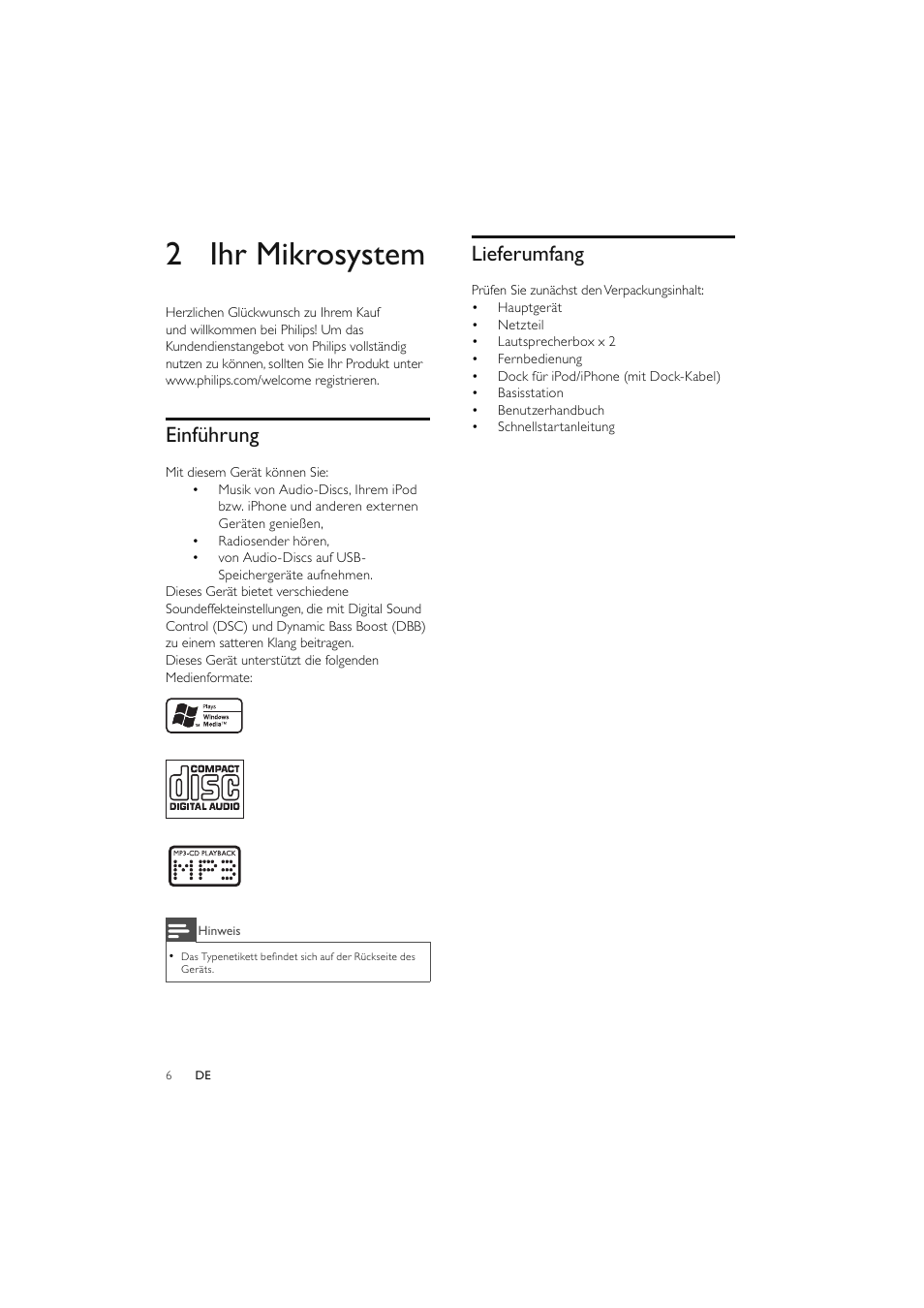 2 ihr mikrosystem, Einführung, Lieferumfang | Philips Elegante microcadena User Manual | Page 53 / 192