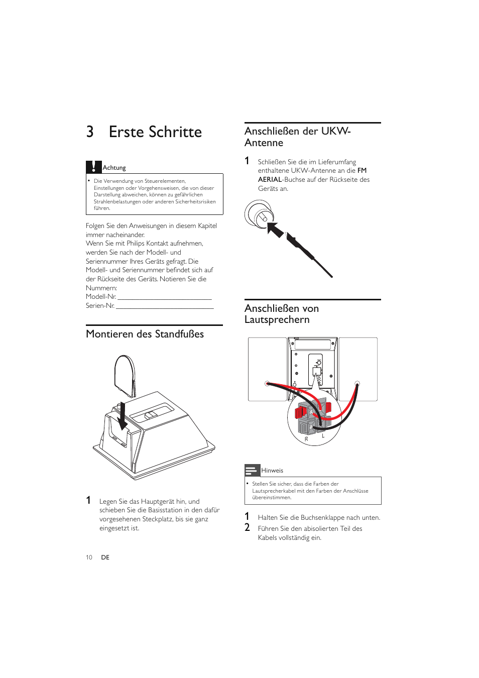 3 erste schritte, Montieren des standfußes 1, Anschließen der ukw- antenne 1 | Anschließen von lautsprechern | Philips Elegante microcadena User Manual | Page 57 / 192