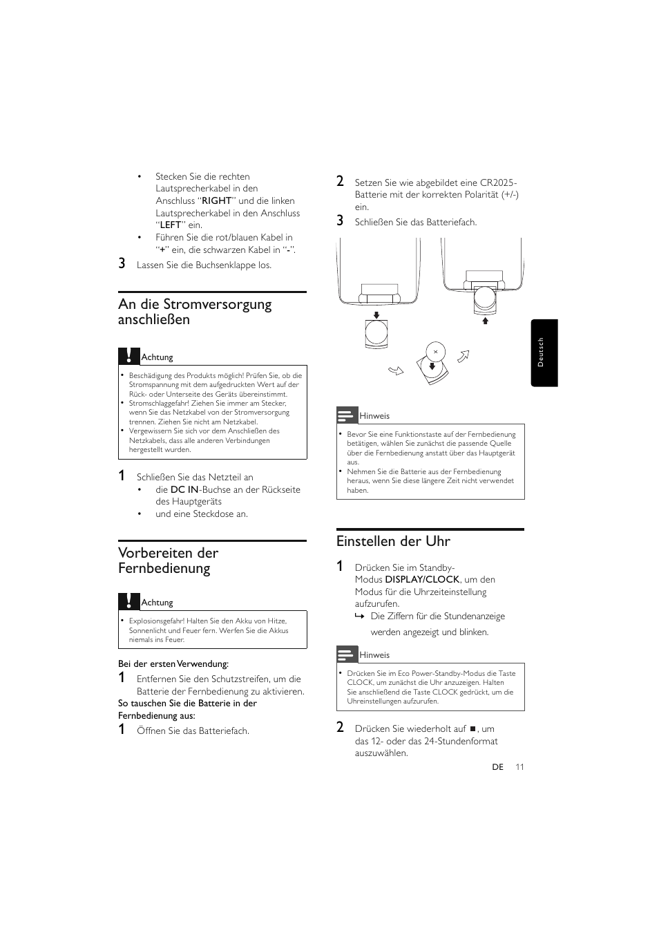 An die stromversorgung anschließen, Vorbereiten der fernbedienung, Einstellen der uhr 1 | Philips Elegante microcadena User Manual | Page 58 / 192