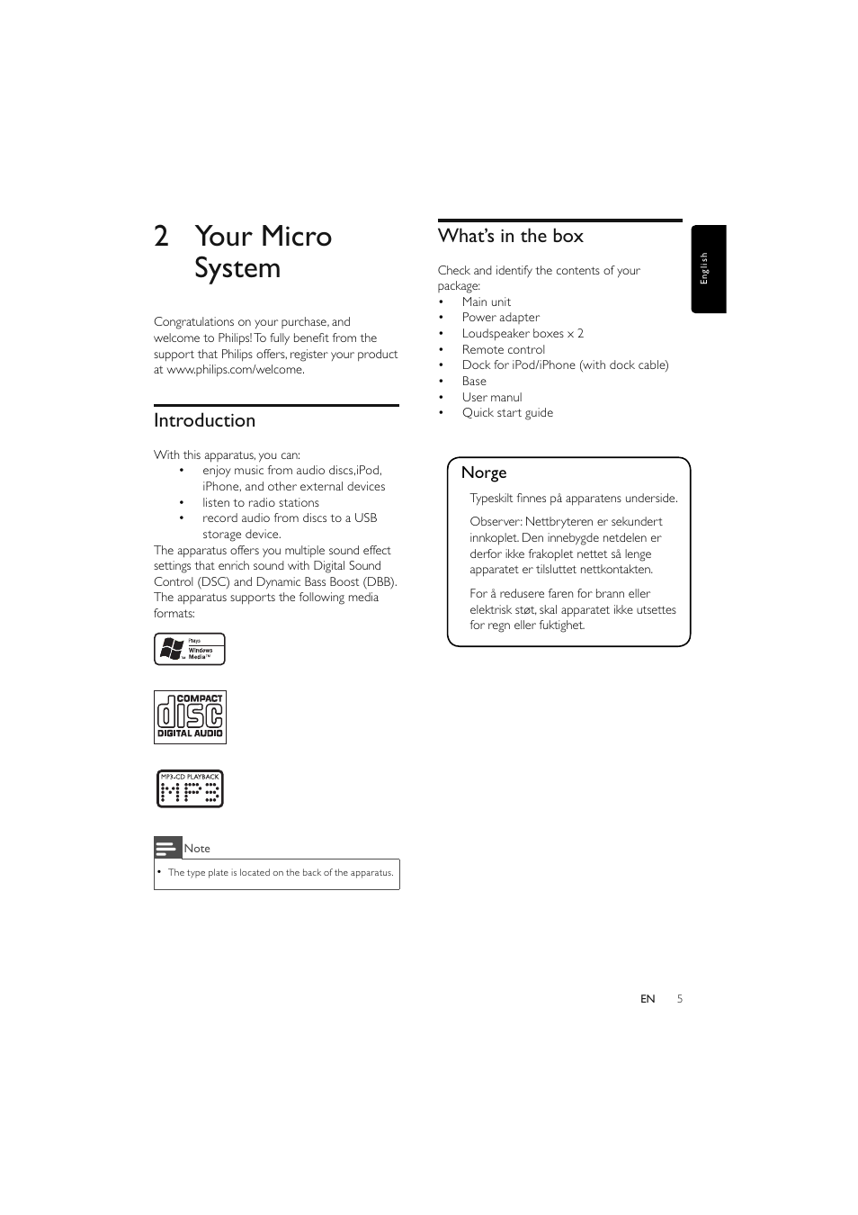 2 your micro system, Introduction, What’s in the box | Norge | Philips Elegante microcadena User Manual | Page 6 / 192