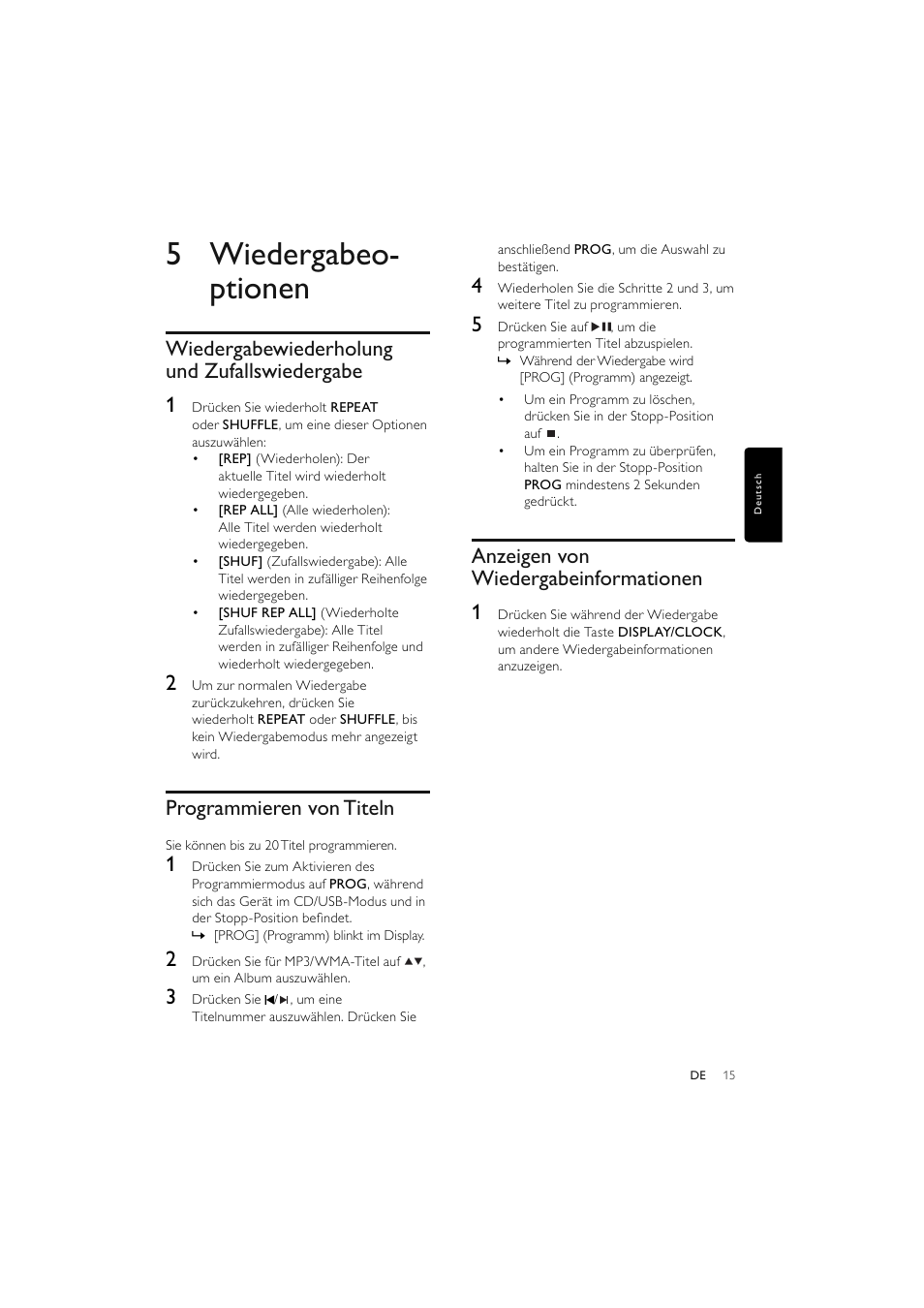 5 wiedergabeo- ptionen, Wiedergabewiederholung und zufallswiedergabe 1, Programmieren von titeln | Anzeigen von wiedergabeinformationen 1 | Philips Elegante microcadena User Manual | Page 62 / 192