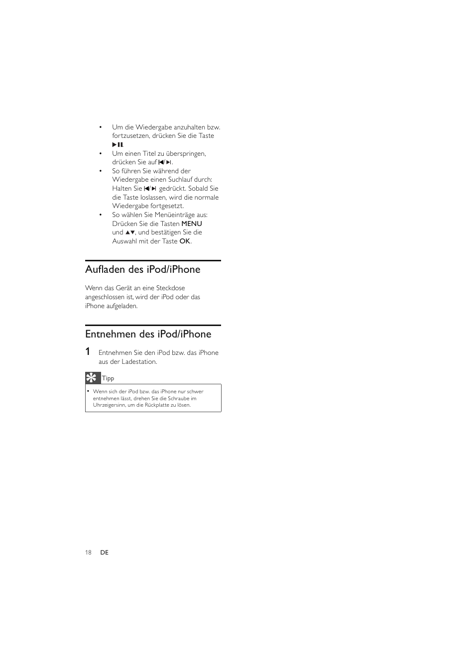 Auﬂ aden des ipod/iphone, Entnehmen des ipod/iphone 1 | Philips Elegante microcadena User Manual | Page 65 / 192