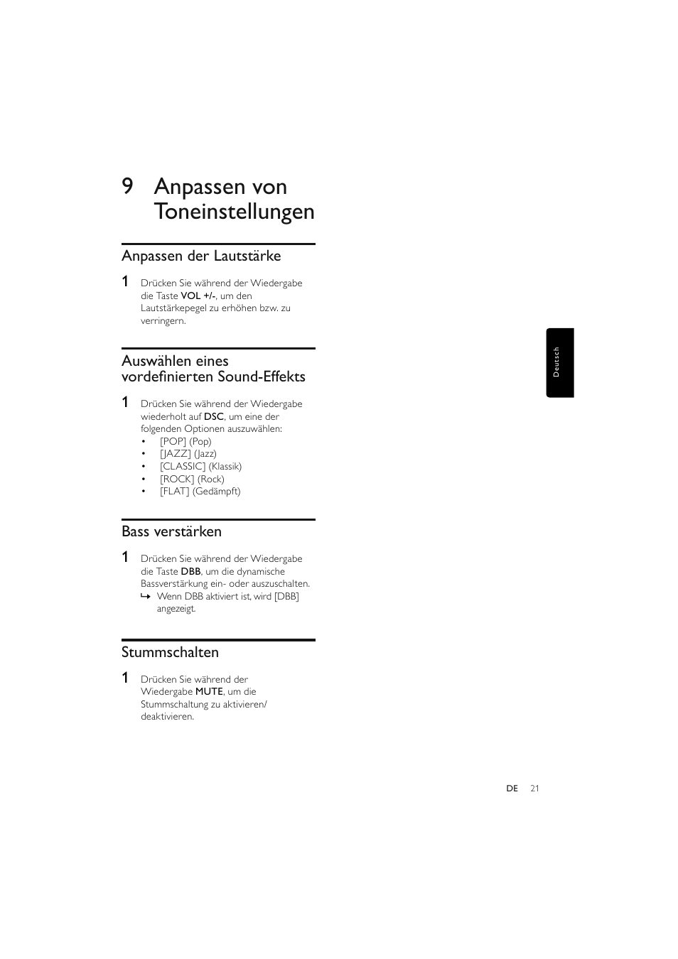 9 anpassen von toneinstellungen, Anpassen der lautstärke 1, Auswählen eines vordeﬁ nierten sound-effekts 1 | Bass verstärken 1, Stummschalten 1 | Philips Elegante microcadena User Manual | Page 68 / 192