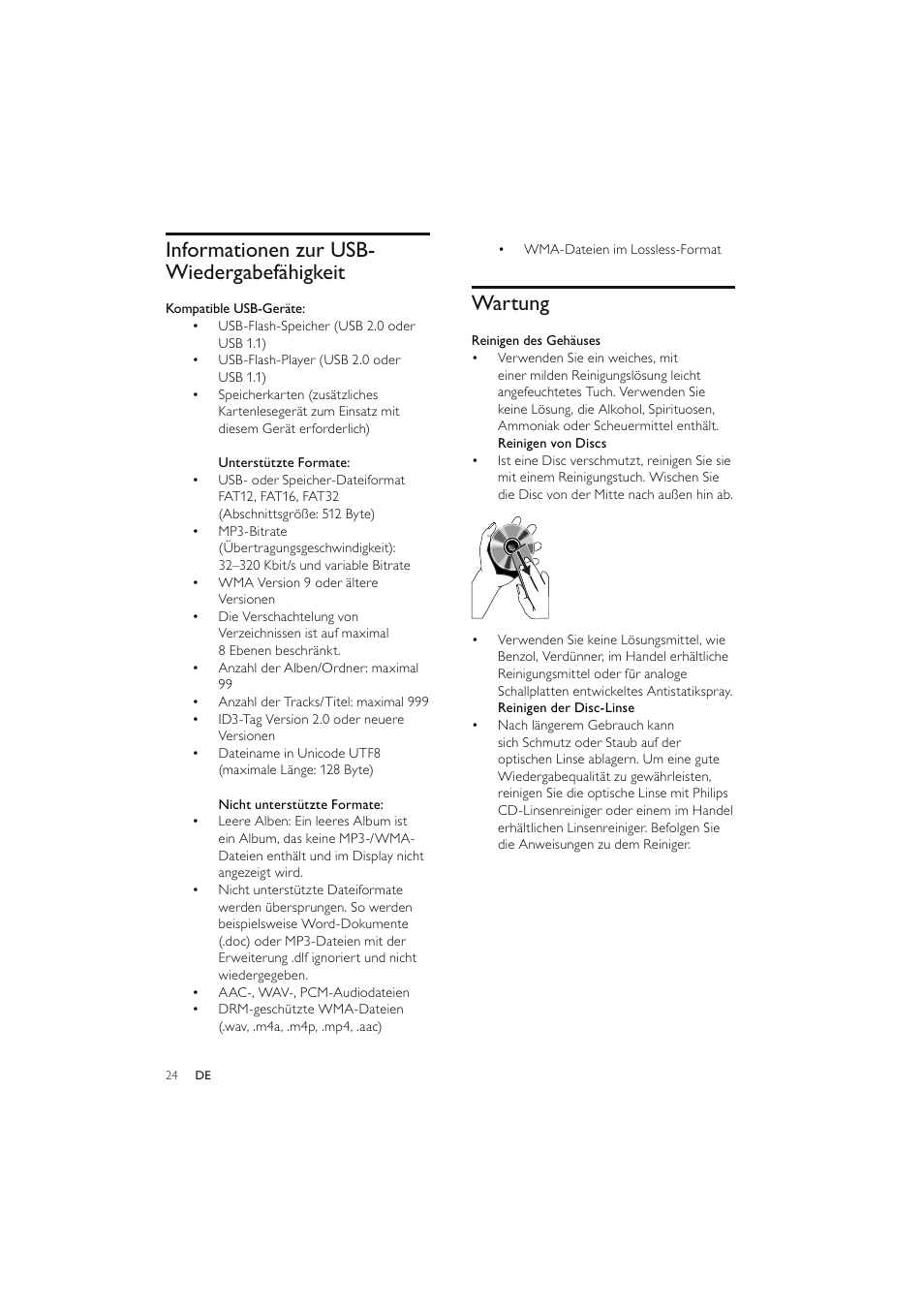 Informationen zur usb- wiedergabefähigkeit, Wartung | Philips Elegante microcadena User Manual | Page 71 / 192