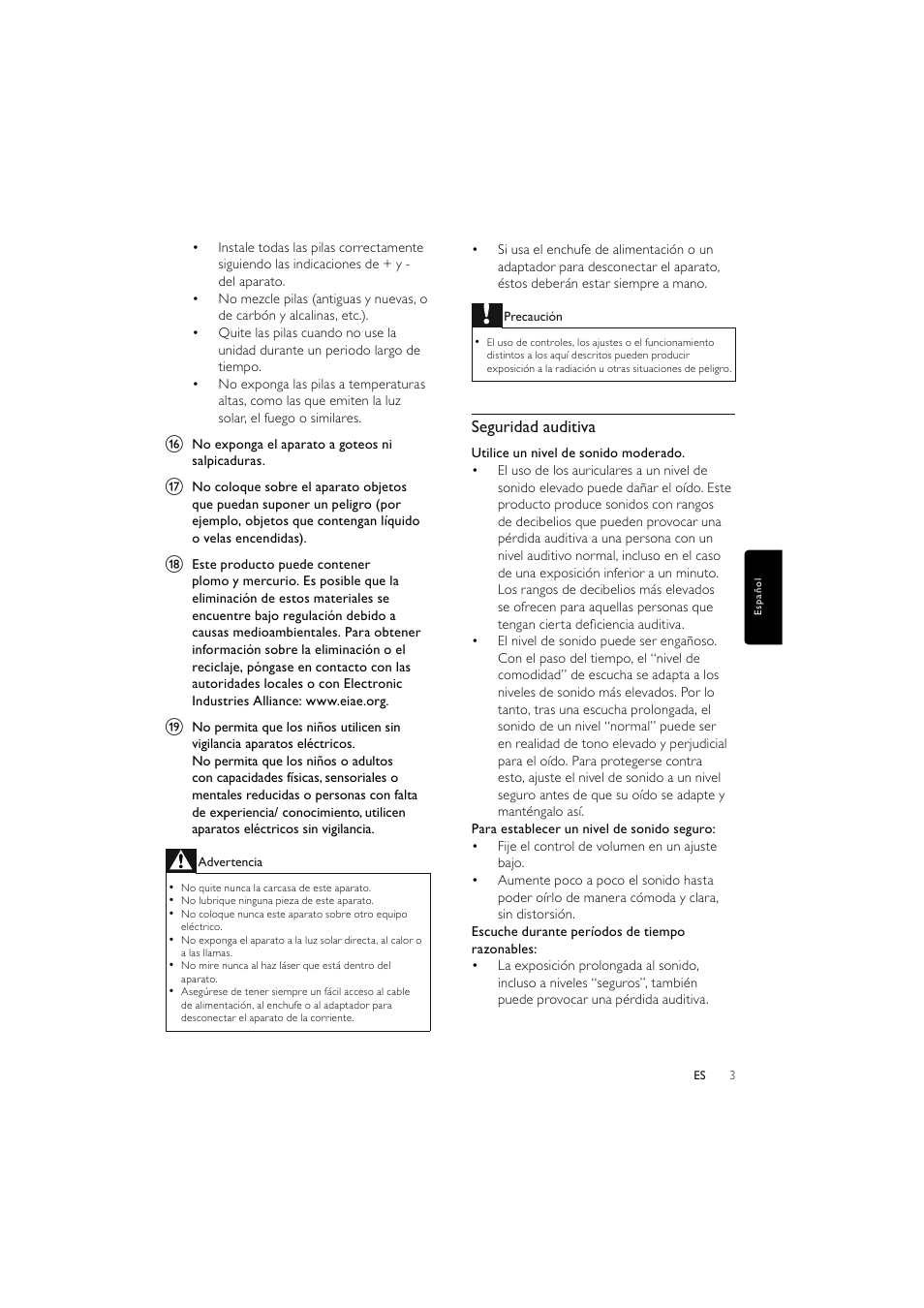 Seguridad auditiva | Philips Elegante microcadena User Manual | Page 75 / 192