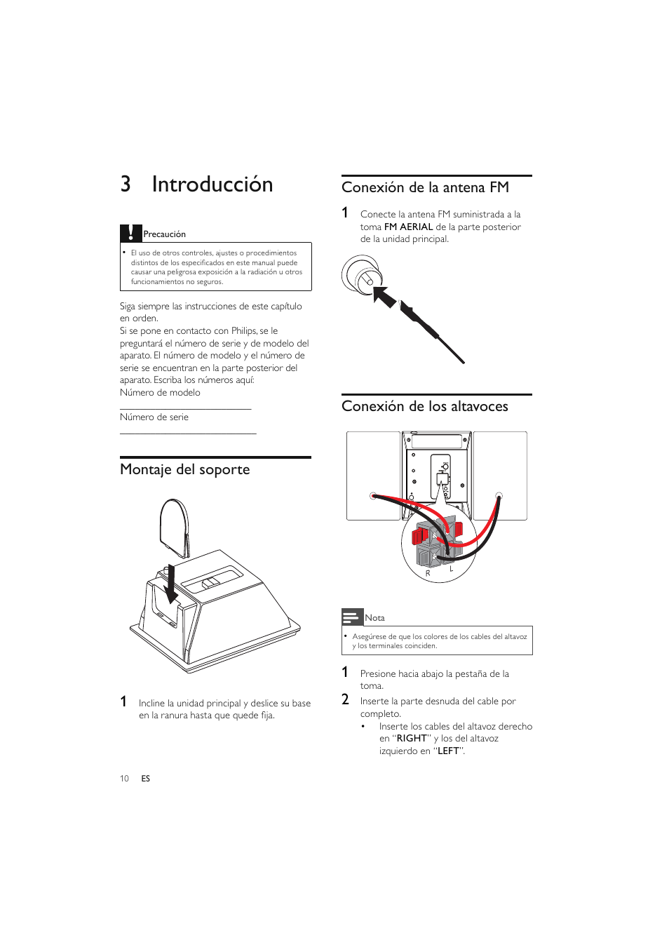 3 introducción, Montaje del soporte 1, Conexión de la antena fm 1 | Conexión de los altavoces | Philips Elegante microcadena User Manual | Page 82 / 192