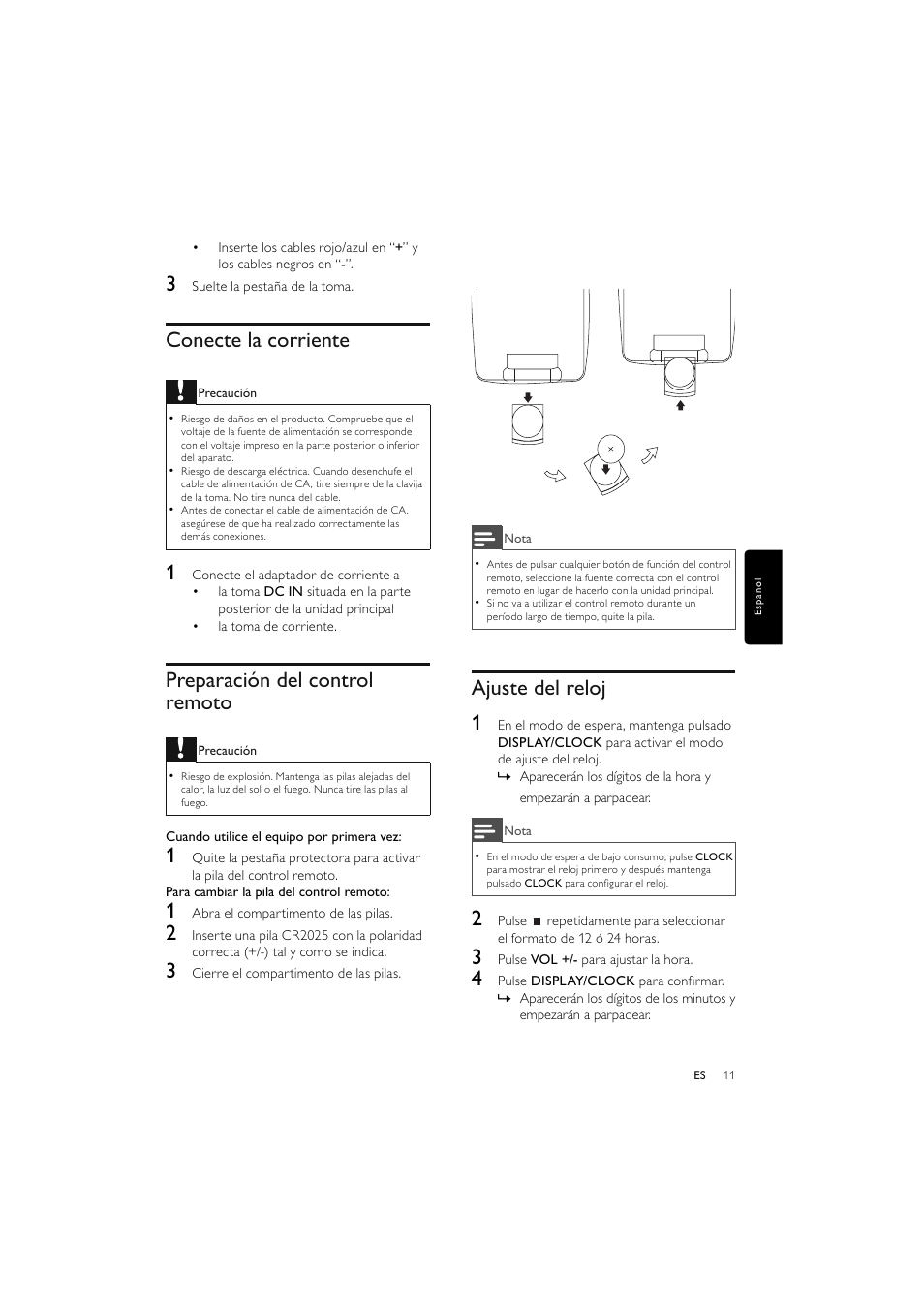 Conecte la corriente, Preparación del control remoto, Ajuste del reloj 1 | Philips Elegante microcadena User Manual | Page 83 / 192