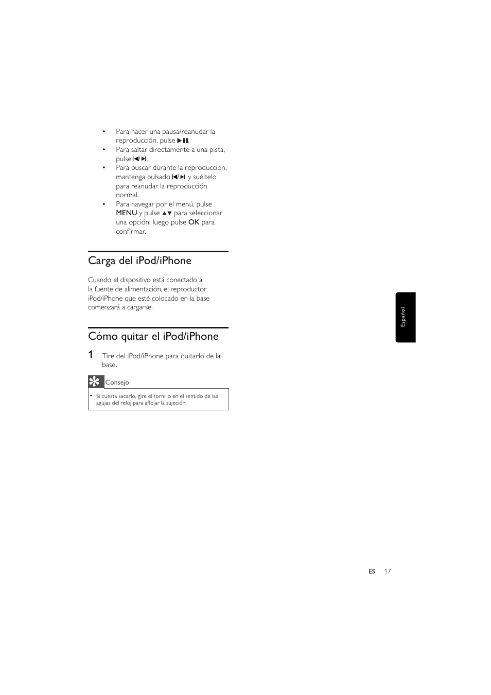 Carga del ipod/iphone, Cómo quitar el ipod/iphone 1 | Philips Elegante microcadena User Manual | Page 89 / 192