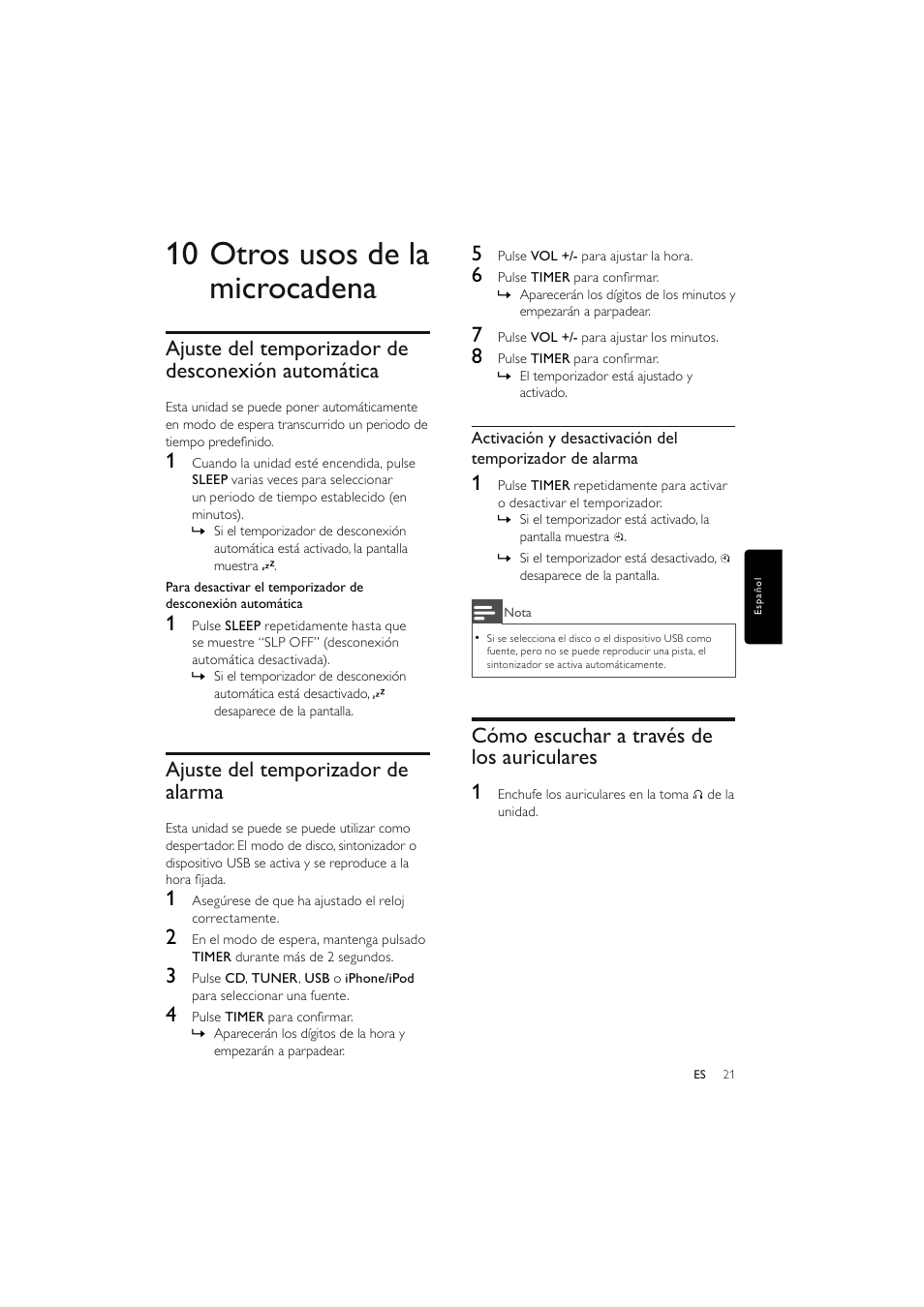 10 otros usos de la microcadena, Ajuste del temporizador de desconexión automática, Ajuste del temporizador de alarma | Cómo escuchar a través de los auriculares 1 | Philips Elegante microcadena User Manual | Page 93 / 192