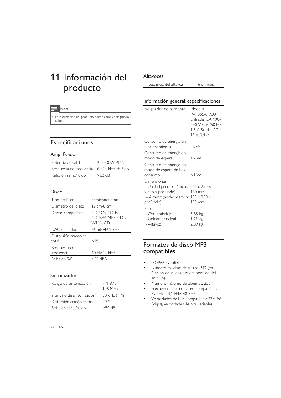 11 información del producto, Especiﬁ caciones, Formatos de disco mp3 compatibles | Philips Elegante microcadena User Manual | Page 94 / 192