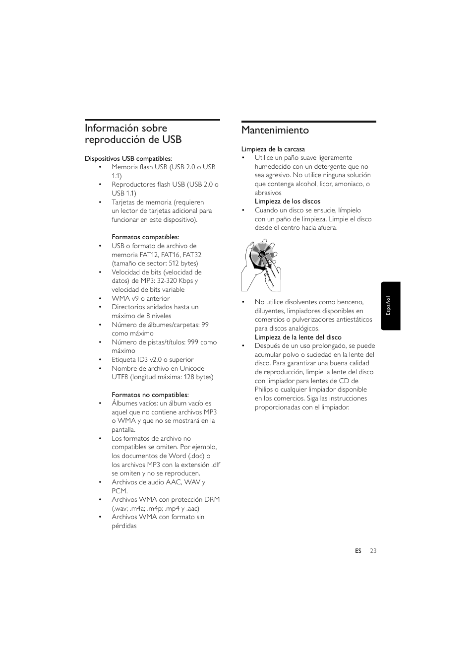 Información sobre reproducción de usb, Mantenimiento | Philips Elegante microcadena User Manual | Page 95 / 192