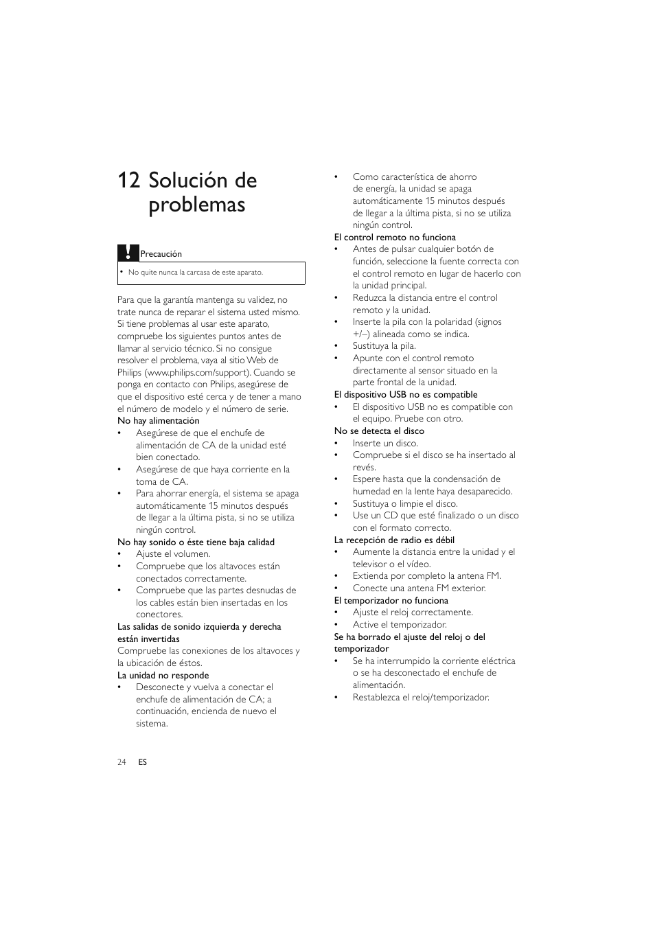 12 solución de problemas | Philips Elegante microcadena User Manual | Page 96 / 192