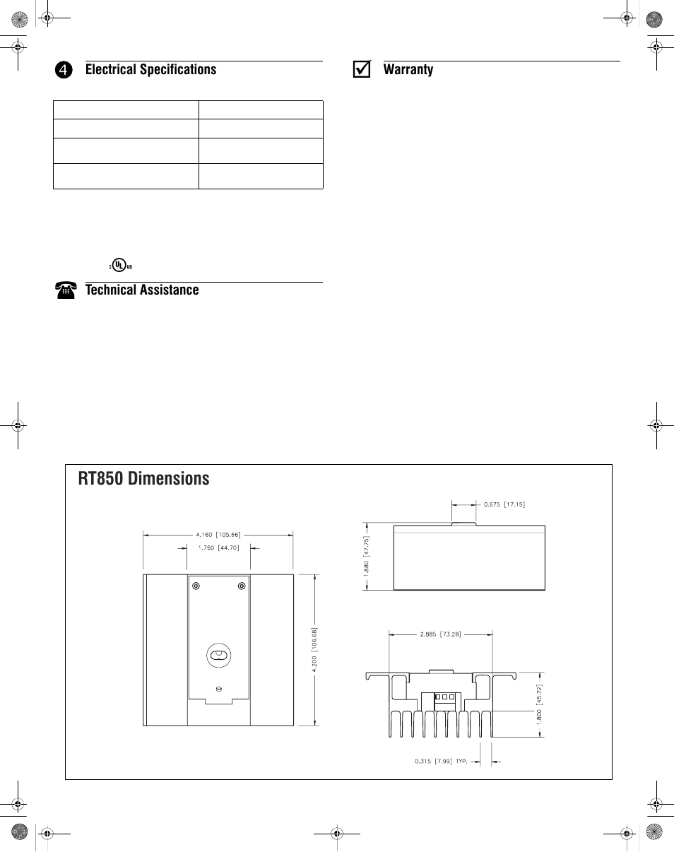 Rt850 dimensions, Electrical specifications, Technical assistance | Warranty | Aube Technologies Electric Heating Solid-State Relay RT850 User Manual | Page 2 / 2