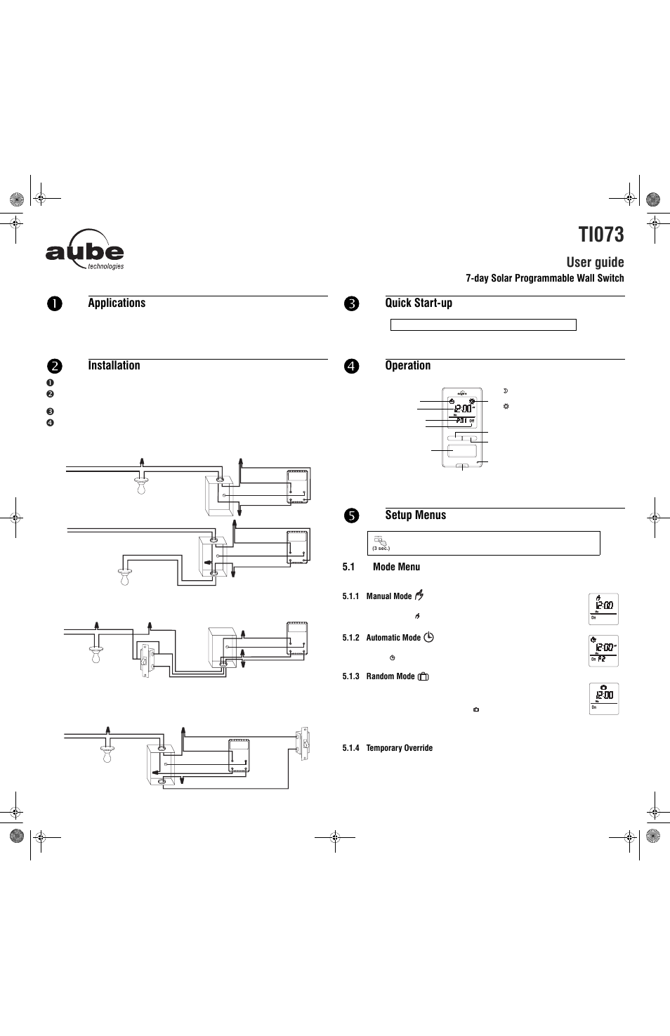 Aube Technologies Programmable Wall T1073 User Manual | 2 pages