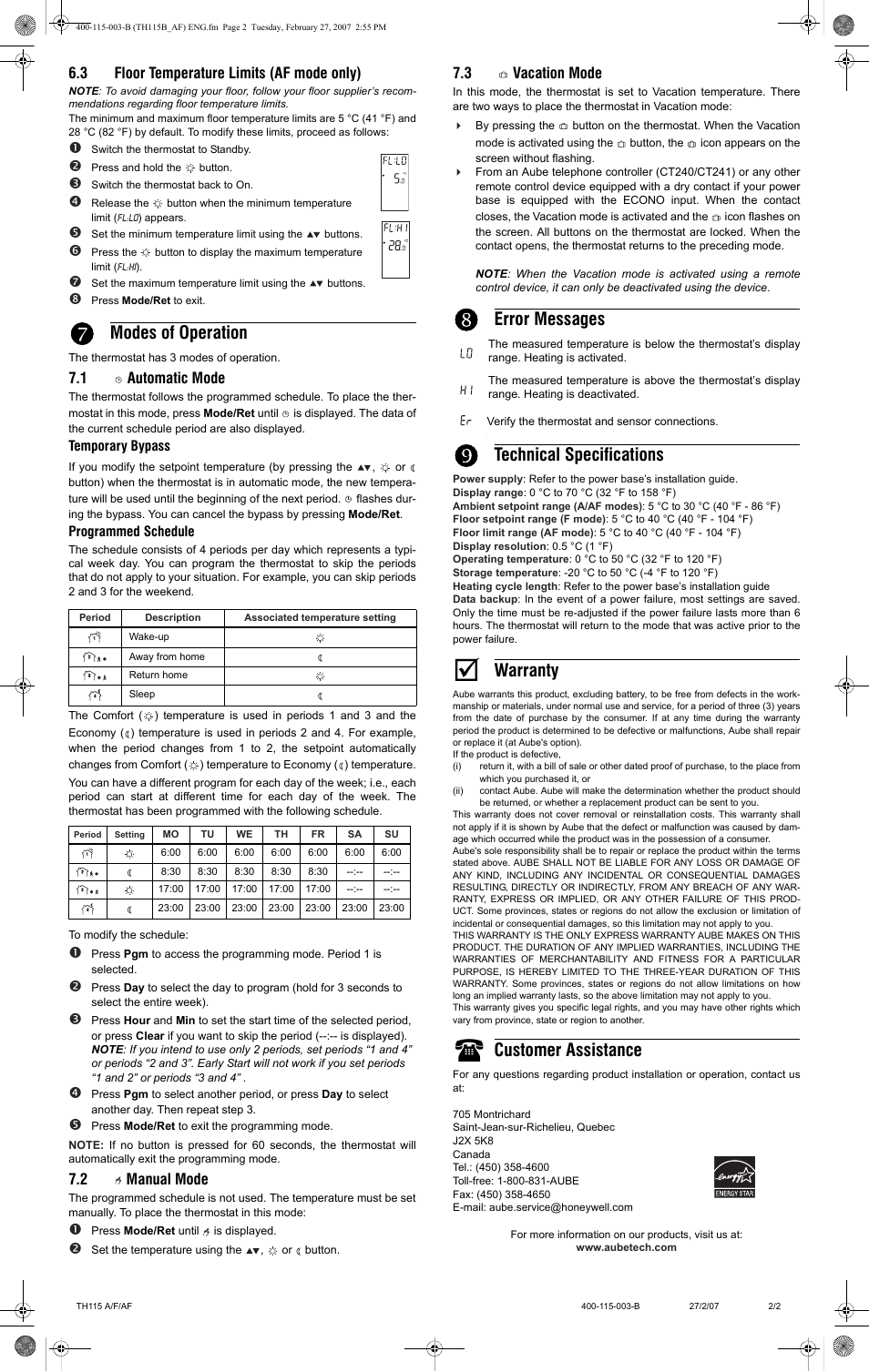 Modes of operation, Error messages, Technical specifications | Warranty, Customer assistance, 3 floor temperature limits (af mode only), 1 automatic mode, 2 manual mode, 3 vacation mode | Aube Technologies TH115 A User Manual | Page 2 / 2