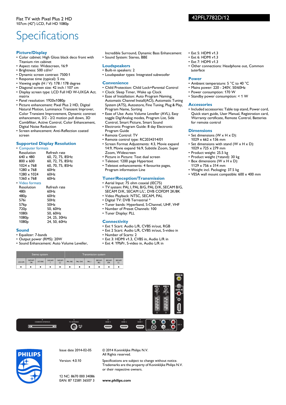 Specifications | Philips Flat TV User Manual | Page 3 / 3