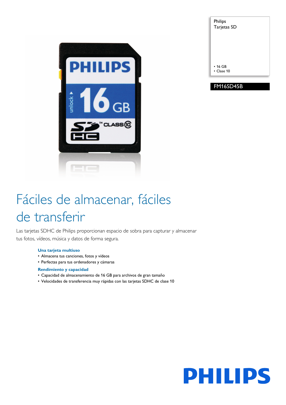 Philips Tarjetas SD User Manual | 2 pages