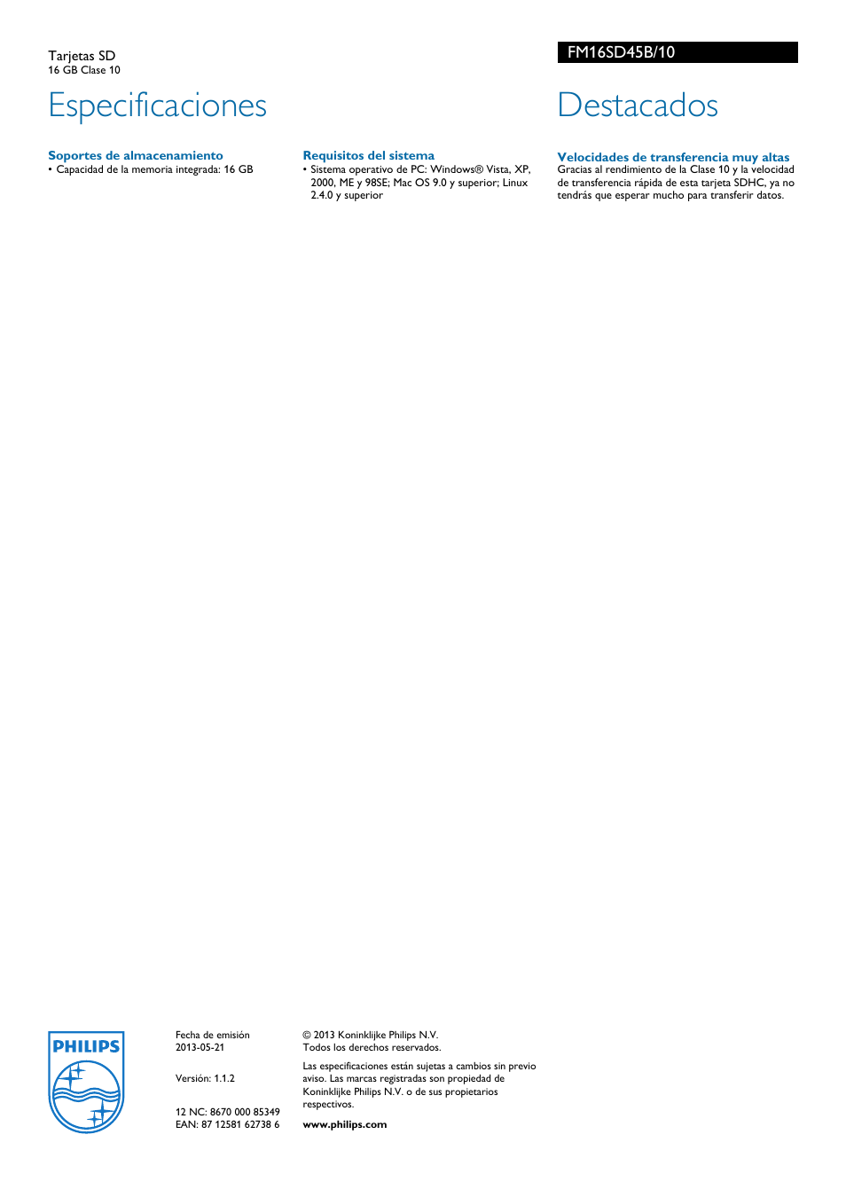 Especificaciones, Destacados | Philips Tarjetas SD User Manual | Page 2 / 2