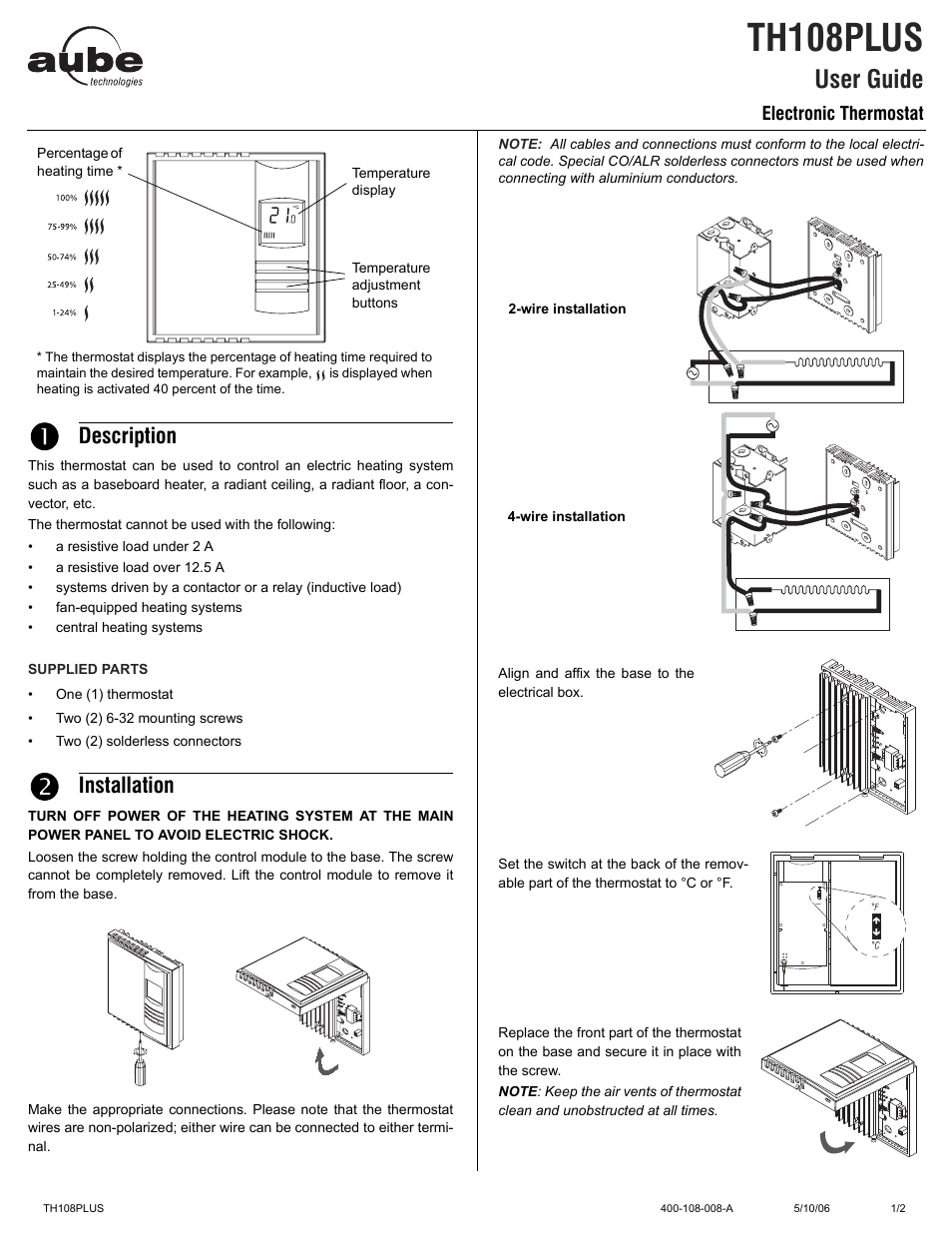 Aube Technologies TH108PLUS User Manual | 2 pages
