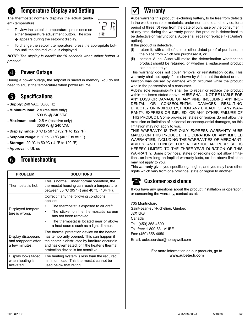 Temperature display and setting, Power outage, Specifications | Troubleshooting, Warranty, Customer assistance | Aube Technologies TH108PLUS User Manual | Page 2 / 2