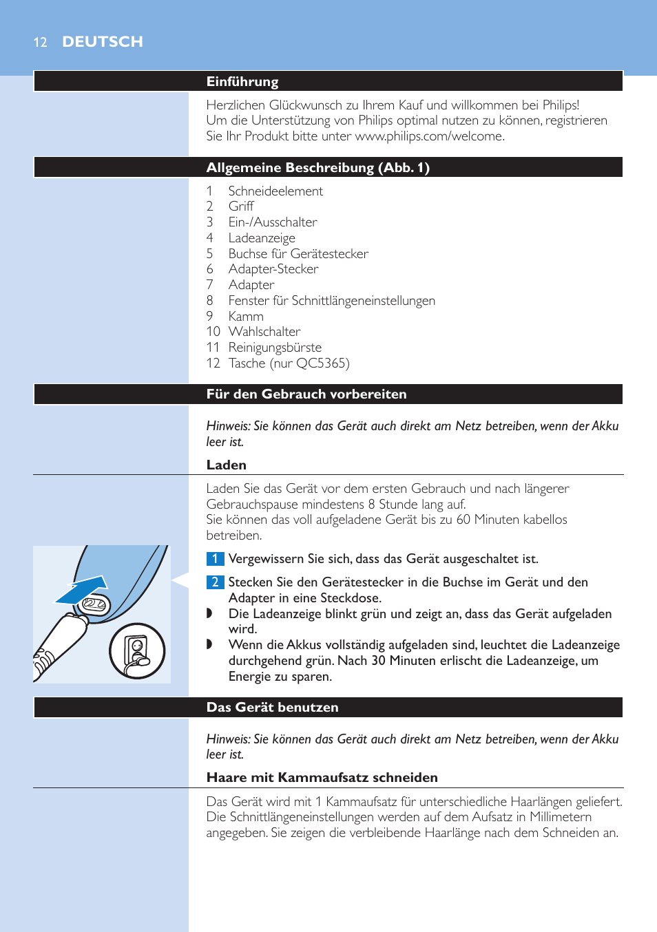 Deutsch, Deutsch 12 | Philips HAIRCLIPPER Series 5000 cortapelos User Manual | Page 12 / 46