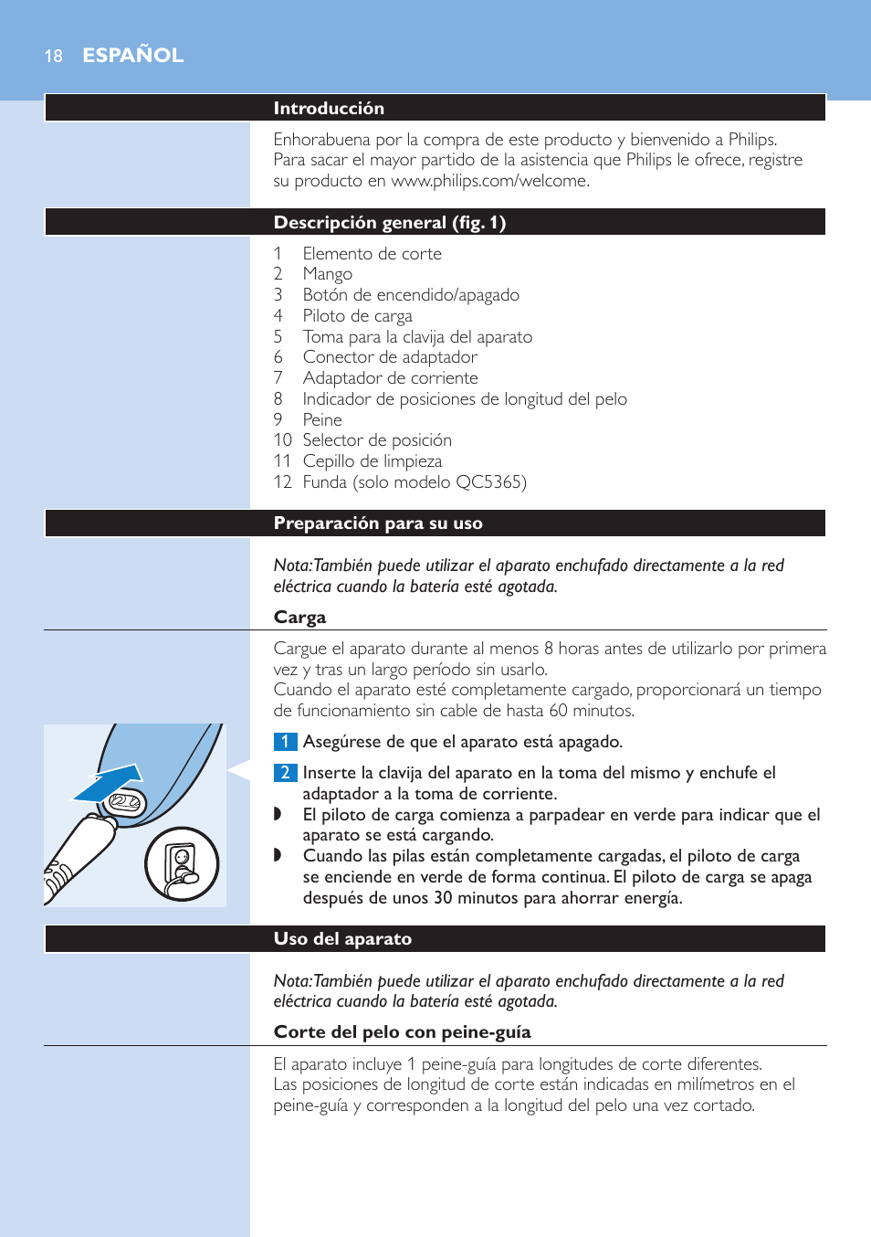 Español | Philips HAIRCLIPPER Series 5000 cortapelos User Manual | Page 18 / 46