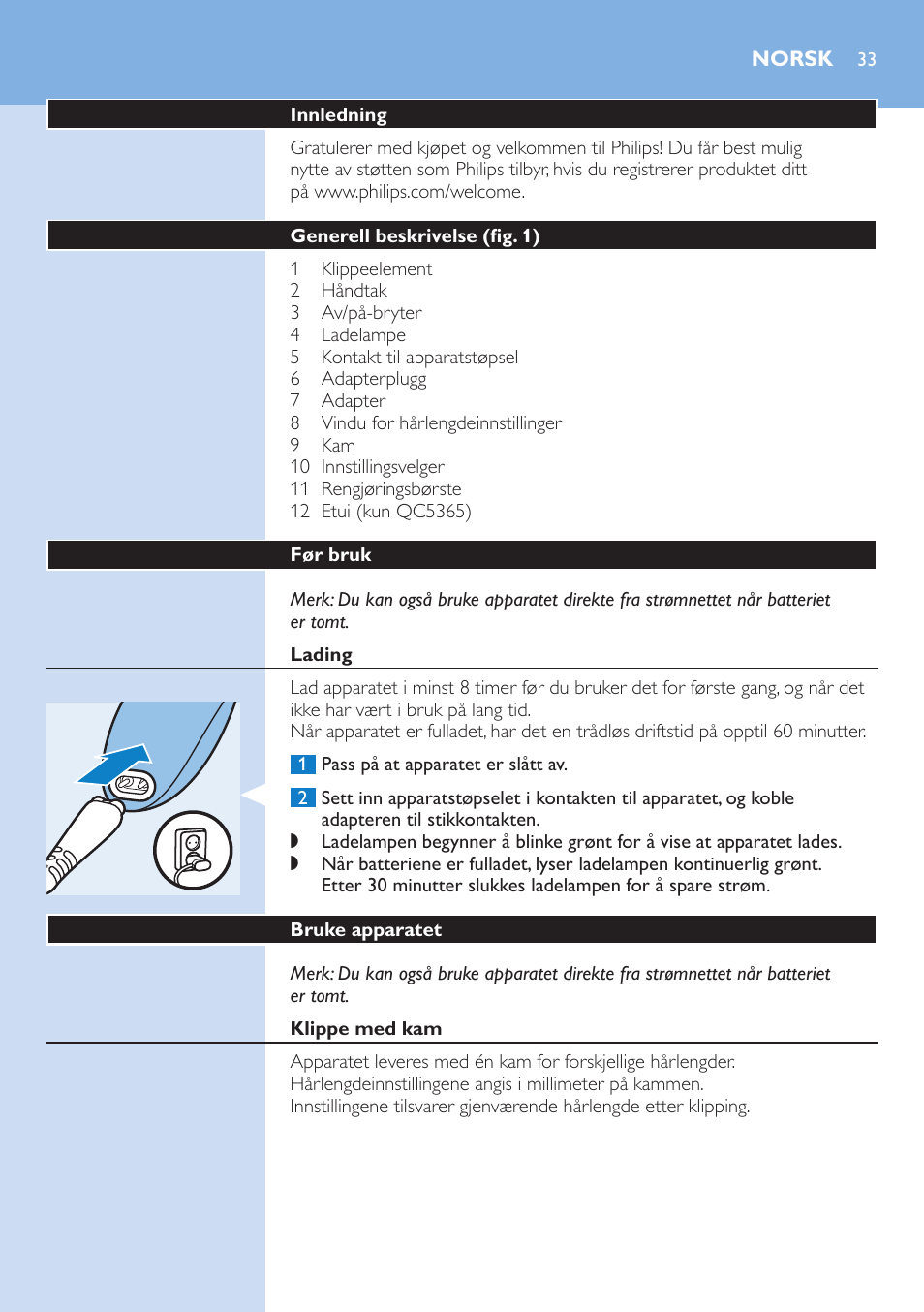 Norsk, Norsk 33 | Philips HAIRCLIPPER Series 5000 cortapelos User Manual | Page 33 / 46