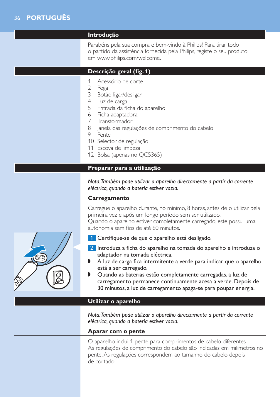 Português | Philips HAIRCLIPPER Series 5000 cortapelos User Manual | Page 36 / 46